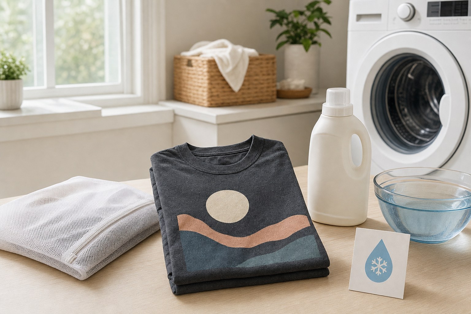Folded graphic T-shirt beside a mesh laundry bag and gentle laundry supplies