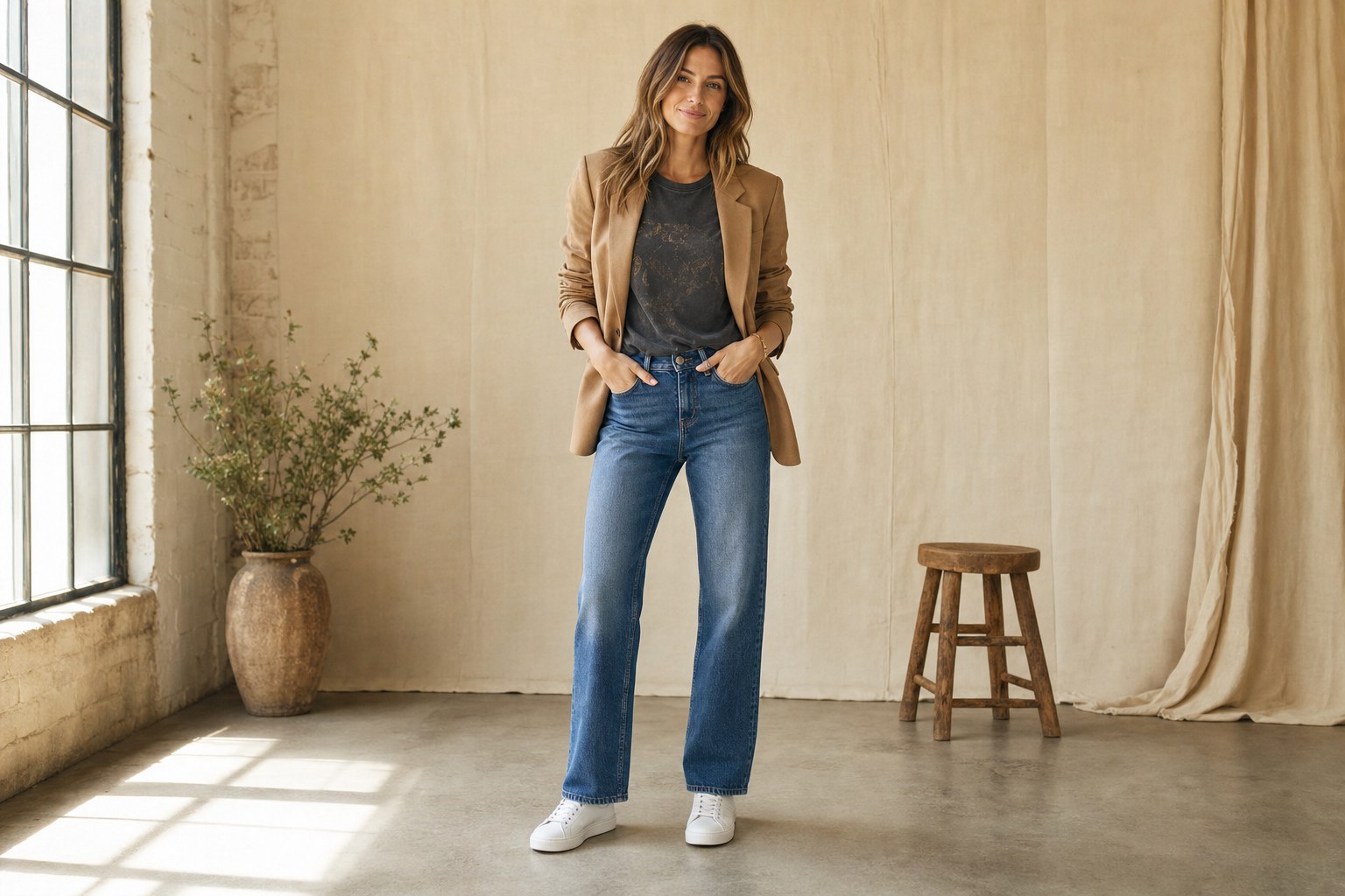 Woman wearing a faded charcoal graphic T-shirt with a camel blazer, jeans, and white sneakers