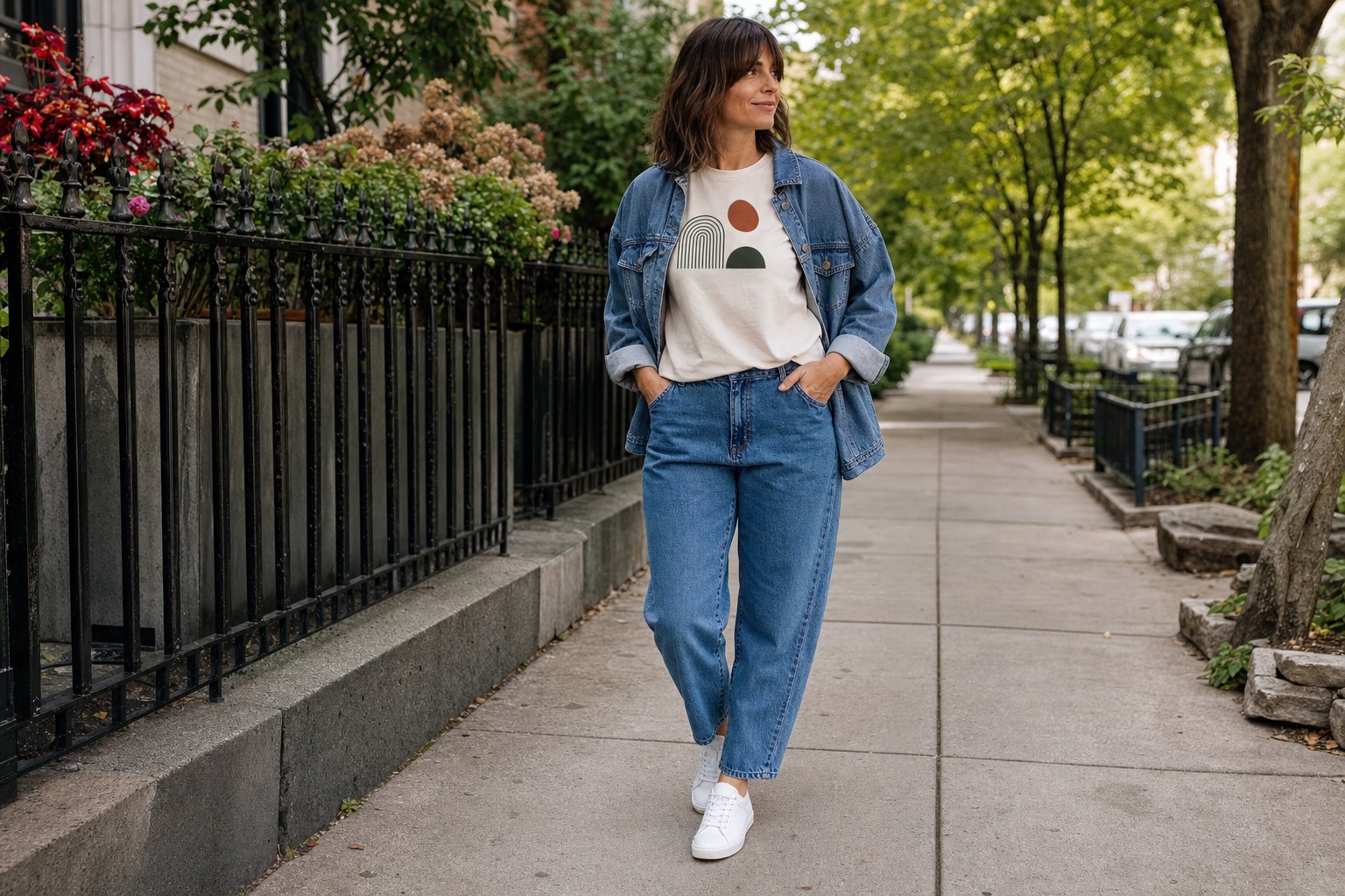 Woman styling a graphic T-shirt with jeans, white sneakers, and a denim jacket