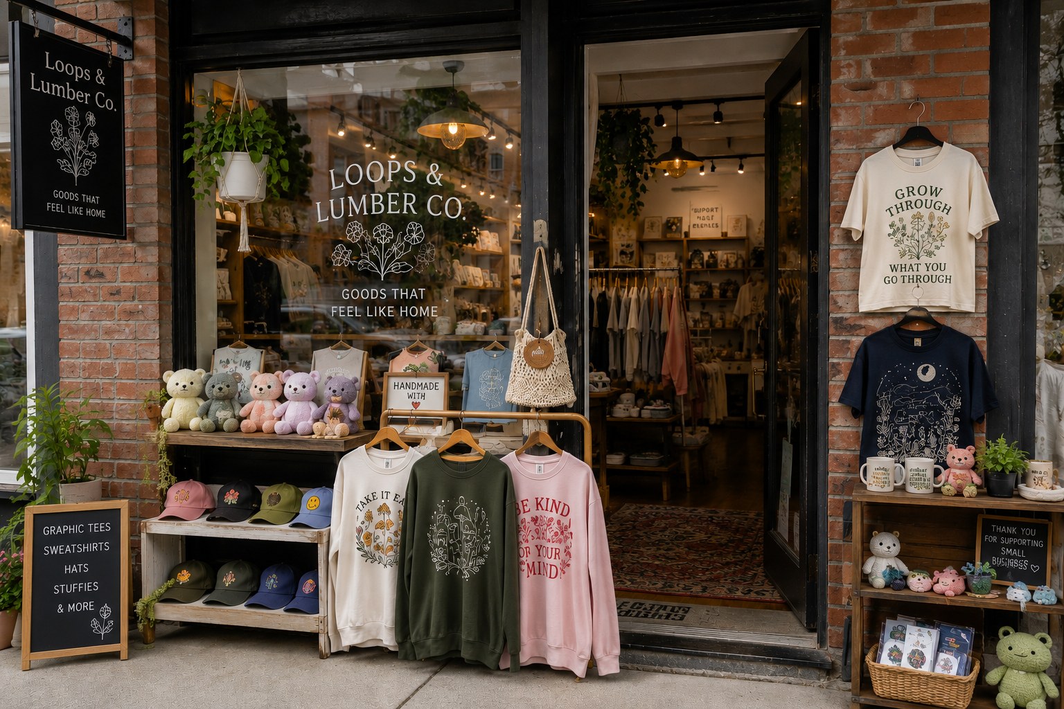 Loops & Lumber Co. storefront with apparel, hats, and handmade gifts