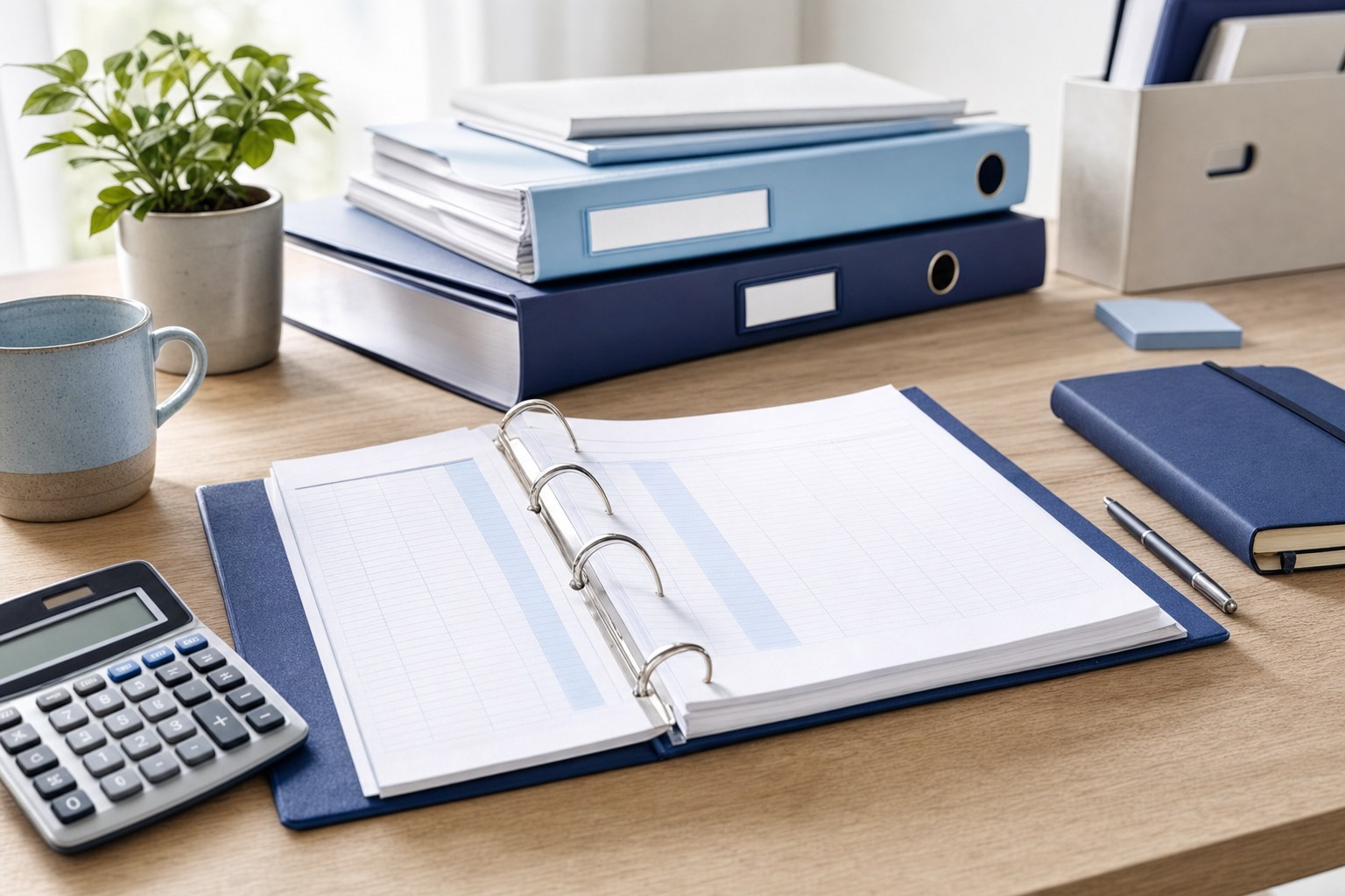 Organized bookkeeping binders, ledger, and calculator on a desk