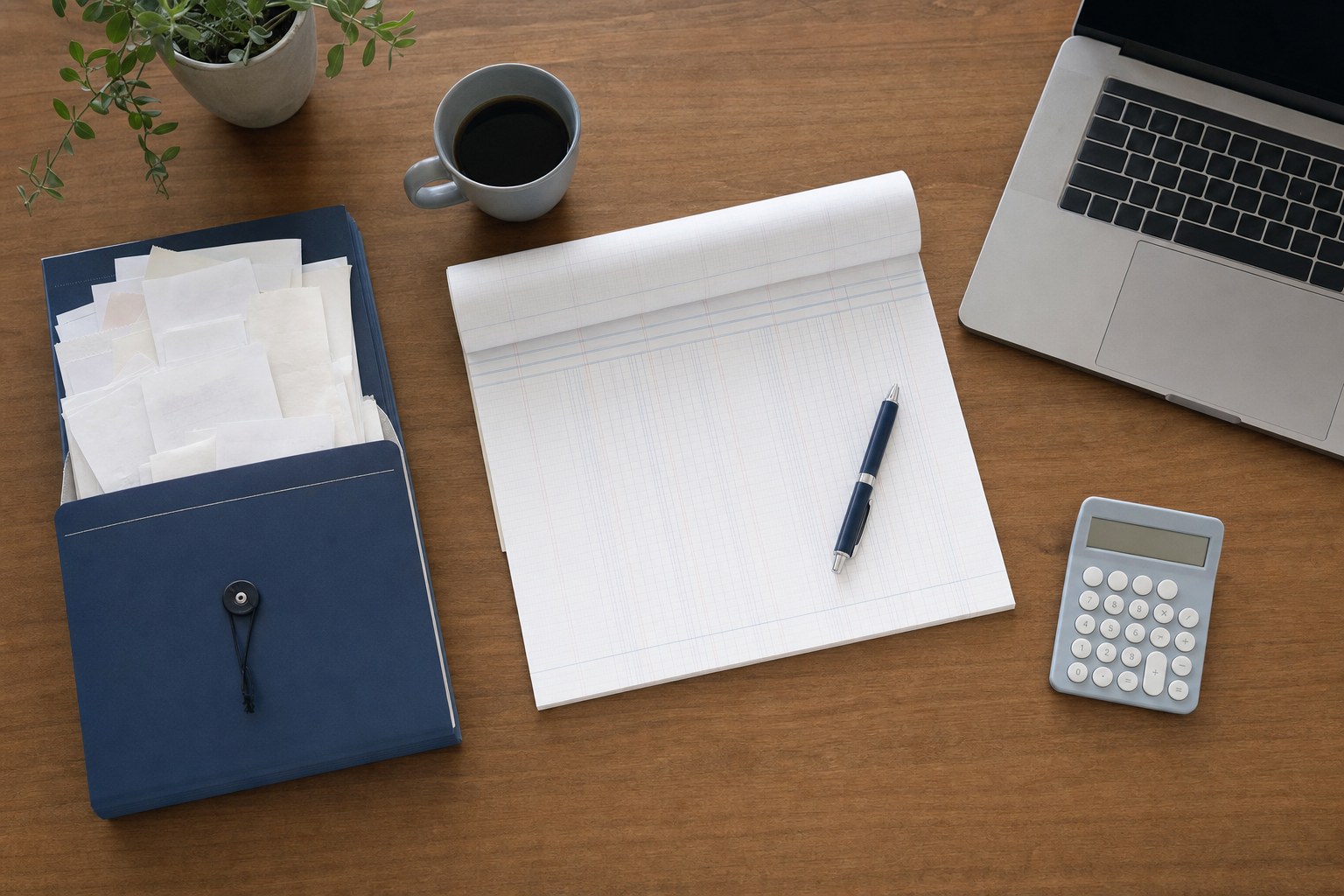 Ledger, calculator, and organized receipts on a small business desk