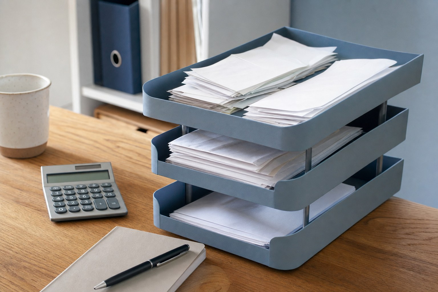 Sorted business records and calculator in desktop trays