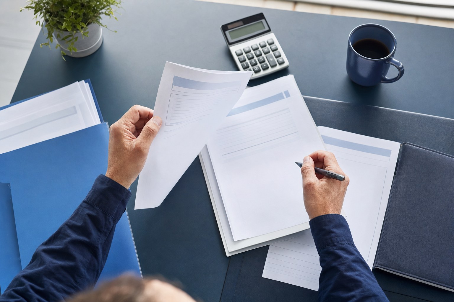 Business owner reviewing financial papers beside a calculator
