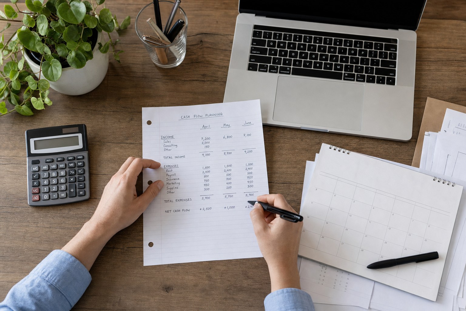 Business owner reviewing a cash flow plan at a desk