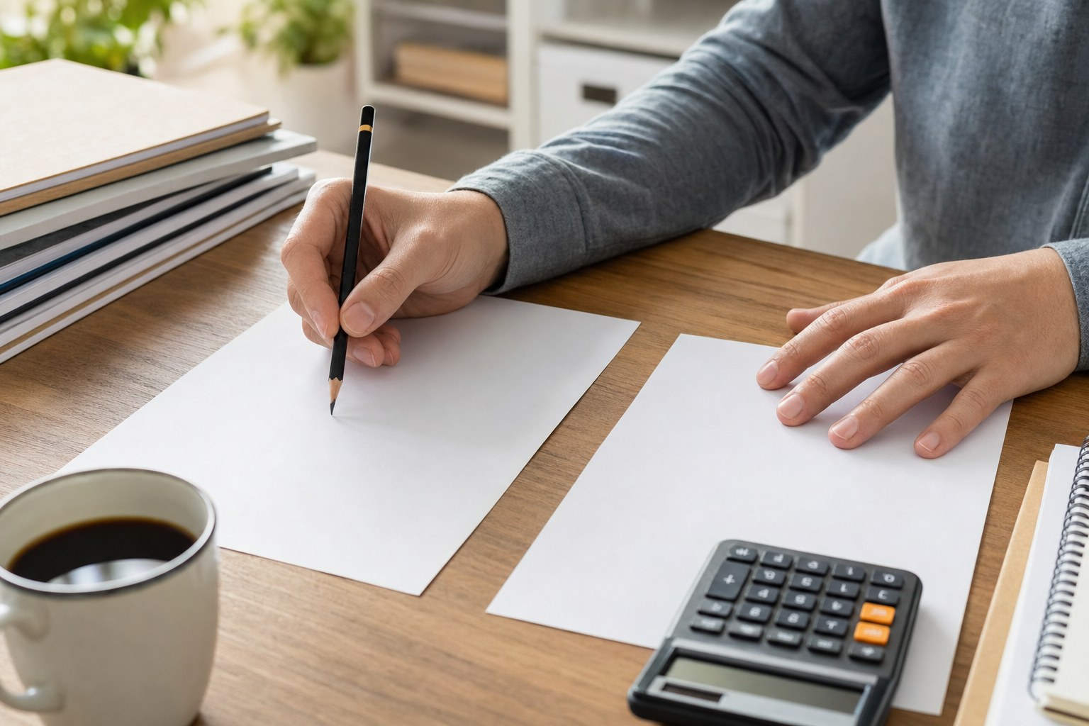 Business owner comparing two planning sheets beside a calculator
