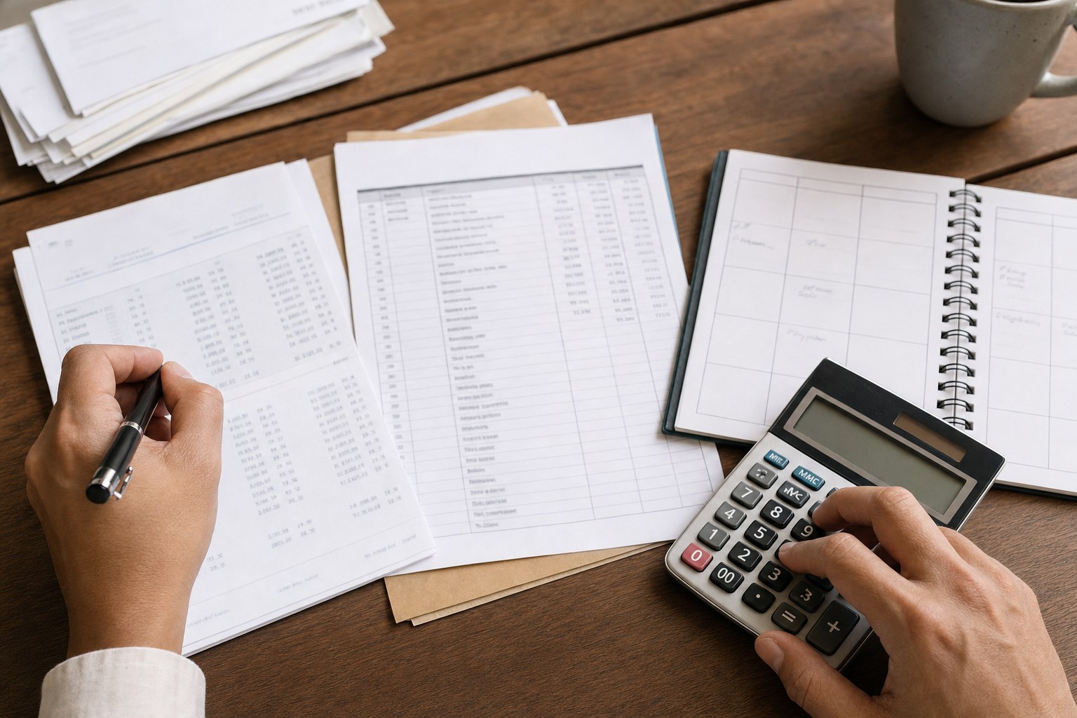 Hands comparing financial papers, a weekly planner, and a calculator