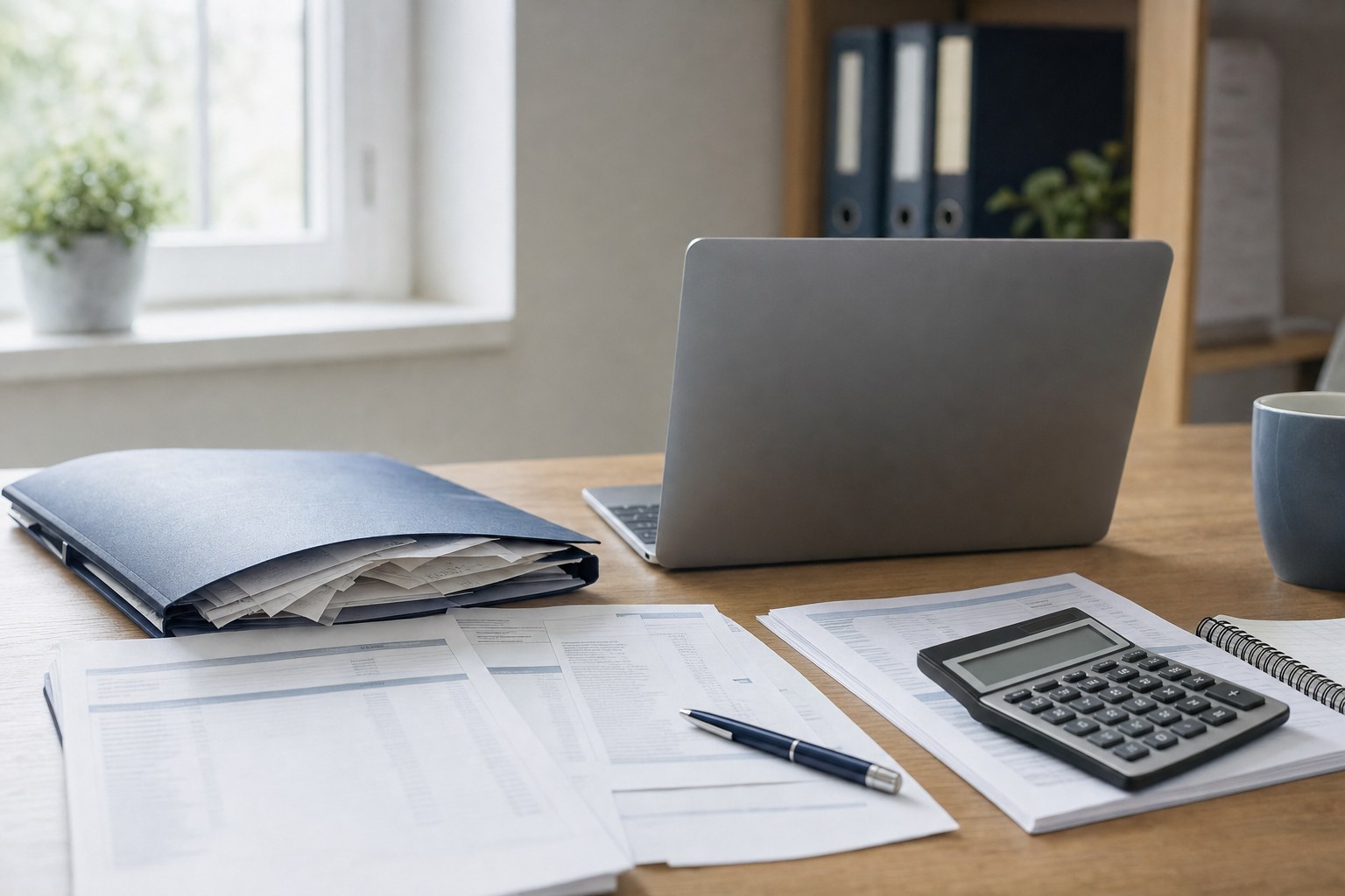 Organized business records, calculator, and receipts on a desk
