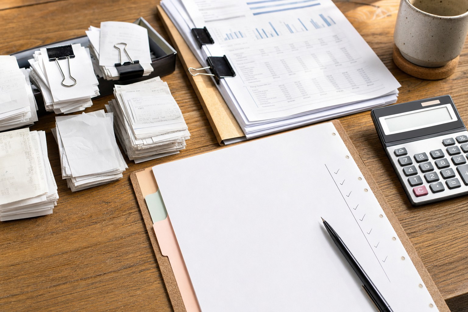 Sorted receipts, calculator, and monthly business records viewed from above
