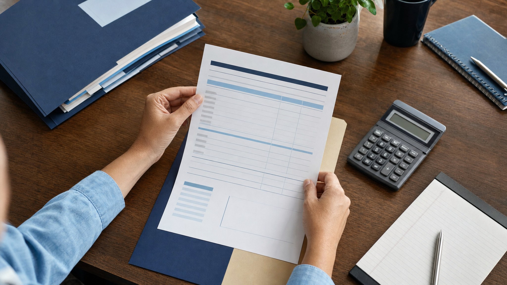 Business owner reviewing an accounts receivable worksheet at a desk