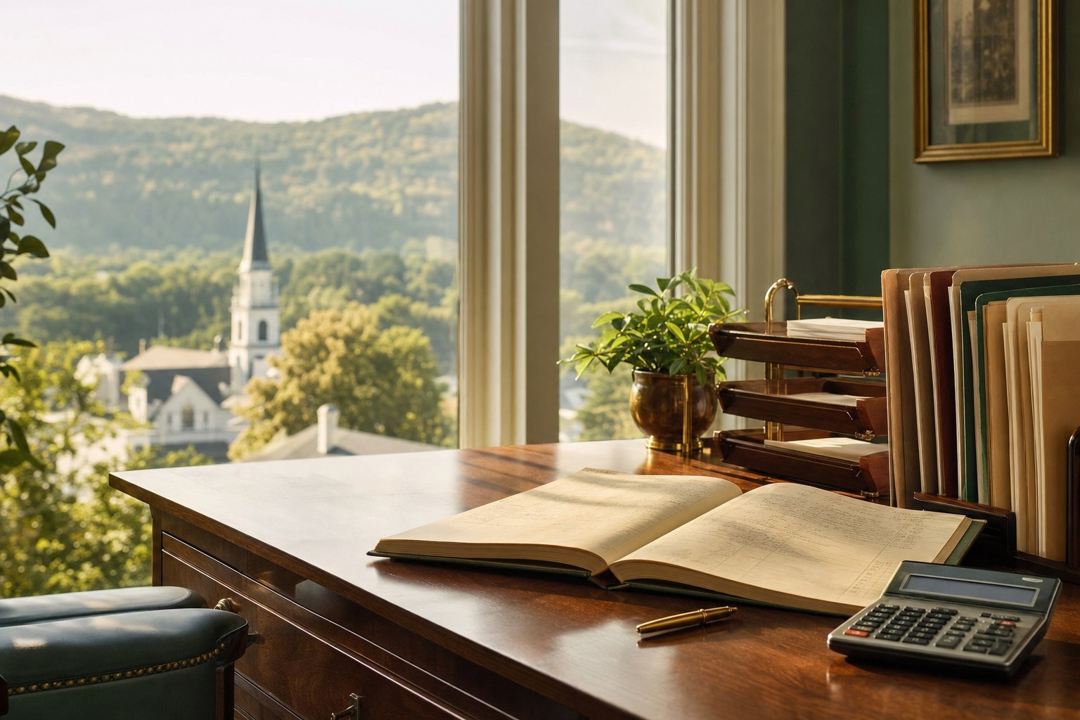 Sunlit accounting workspace overlooking a Hudson Valley church and hills