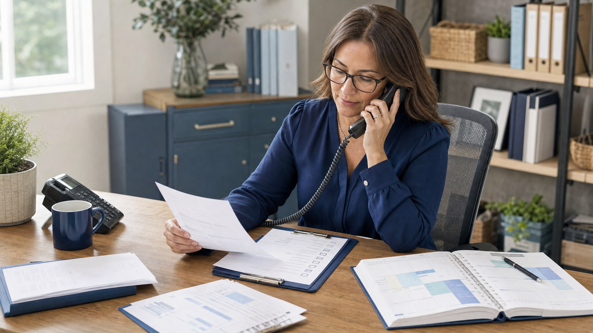 Business professional reviewing an invoice while making a payment follow-up call