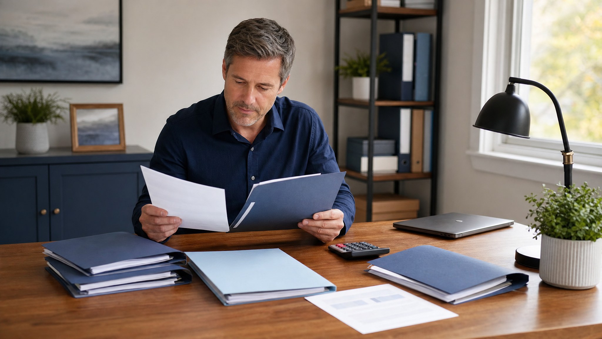 Business owner reviewing open invoice folders at a desk