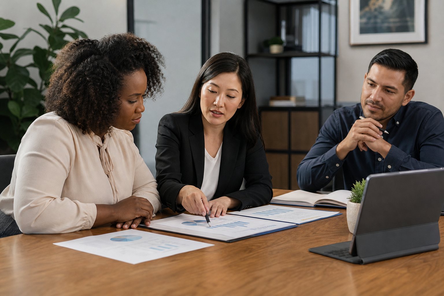 Accountant and business owner reviewing financial reports together