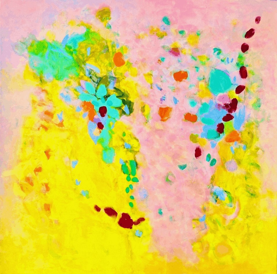 All You Need is Pink (3), Acrylics and crayons on canvas, 24″ × 24″ × 2″