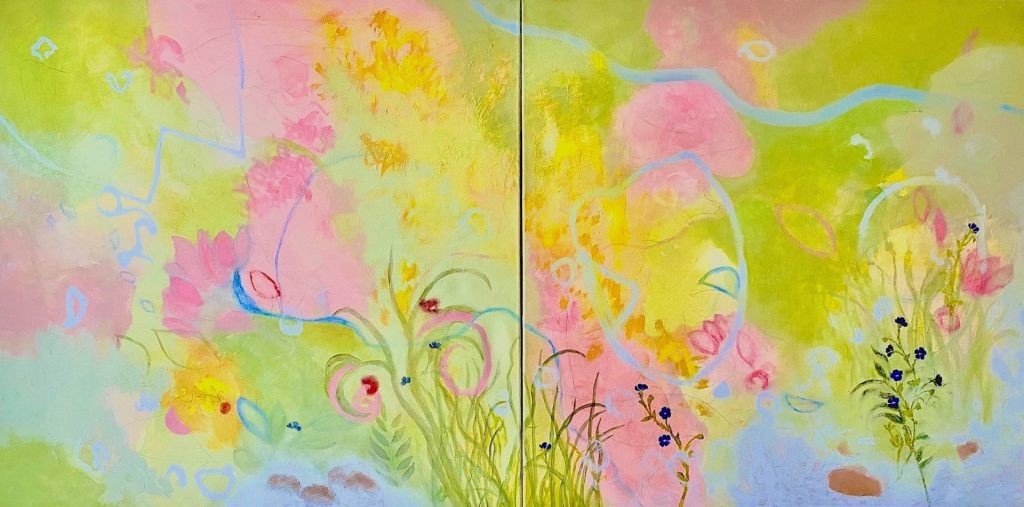 At The River, Acrylics, oil colors, crayons, 80″ × 40″ × 2″