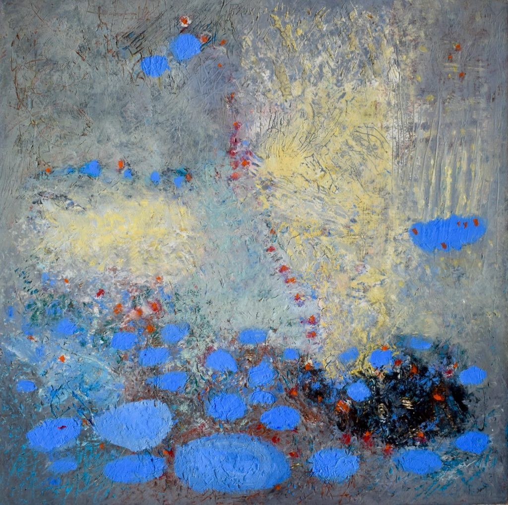 Release 2, Oil paint, cold wax and pigments on wooden panel, 13″ × 13″ × 2″