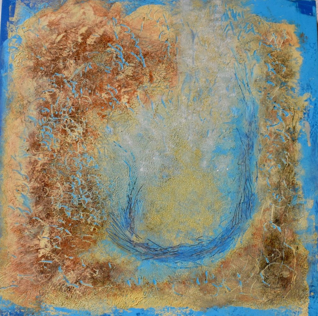 Joy, Oil paint and cold wax on wooden panel, 16″ × 16″ × 2″