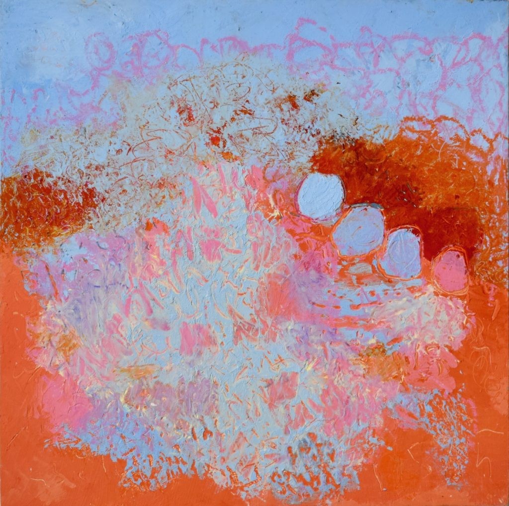Nesting, Oil paint and cold wax on wooden panel, 16″ × 16″ × 2″