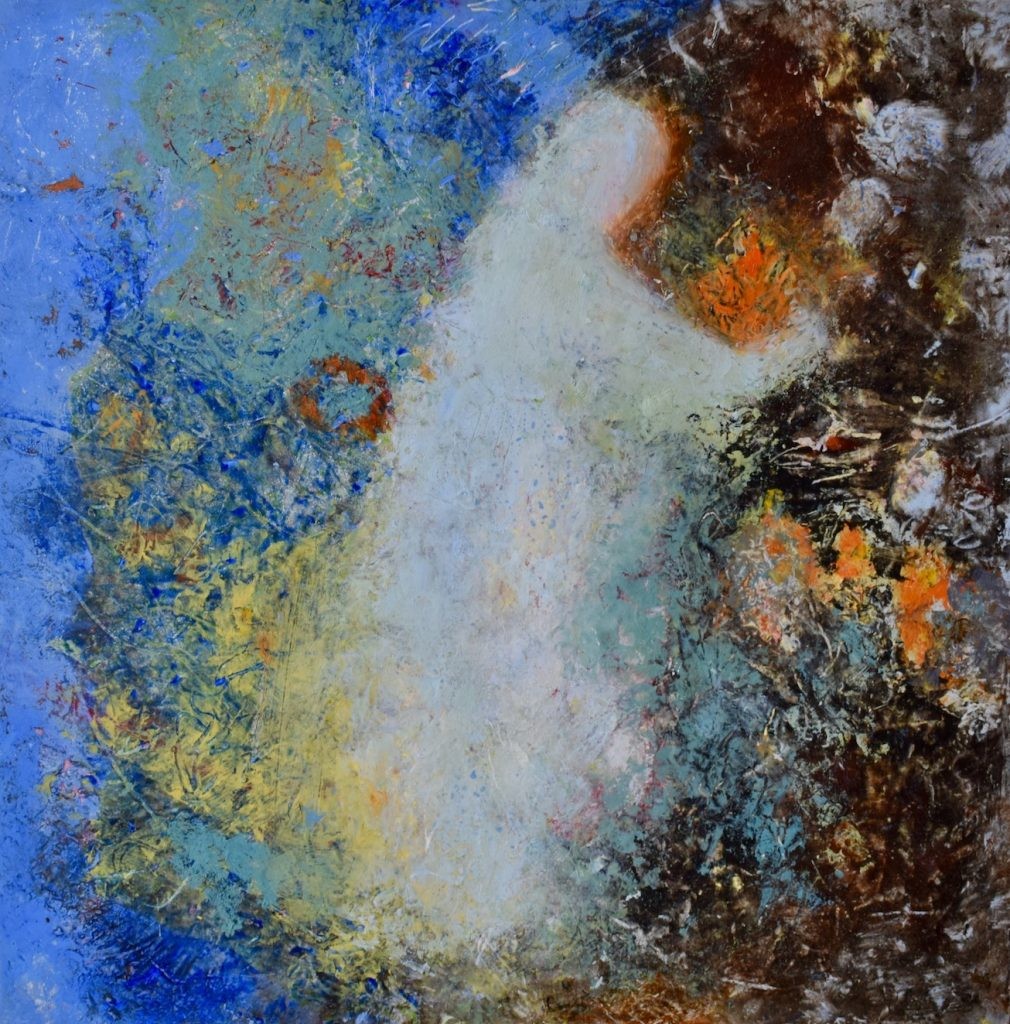 Bringing The Light, Oil colors and cold wax on wooden panel, 13″ × 13″ × 2″