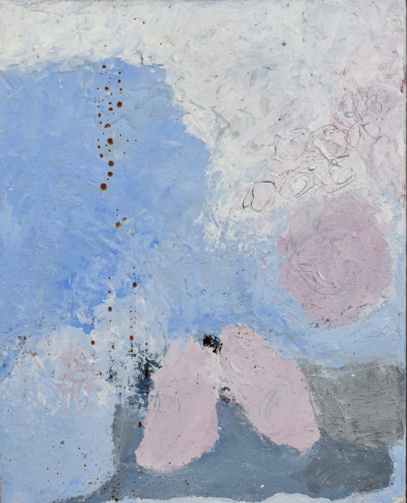 Comfort, Oil color and cold wax on linen panel, in floating frame, 9″ × 11″ × 2″