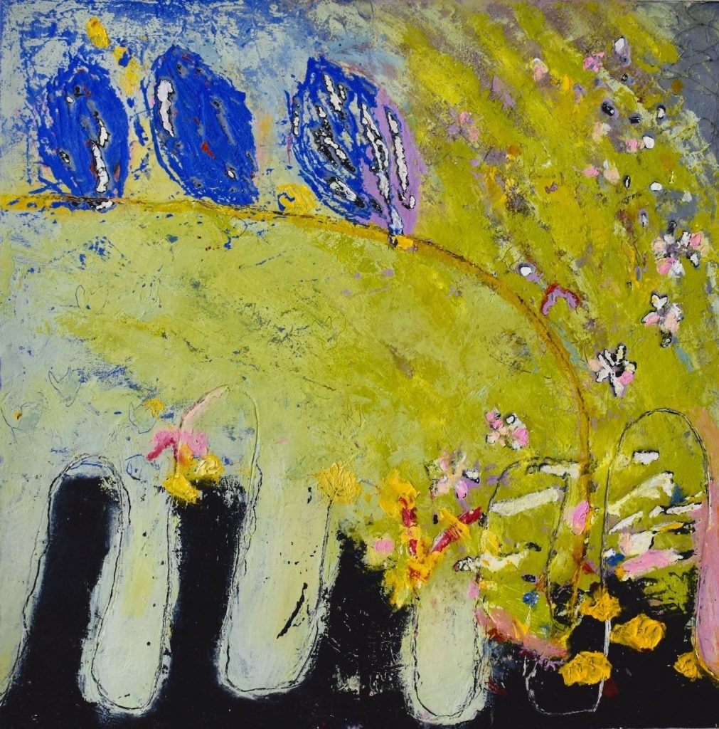 Flower Dance, Oil color and cold wax on wood panel framed, 13″ × 13″ × 2″