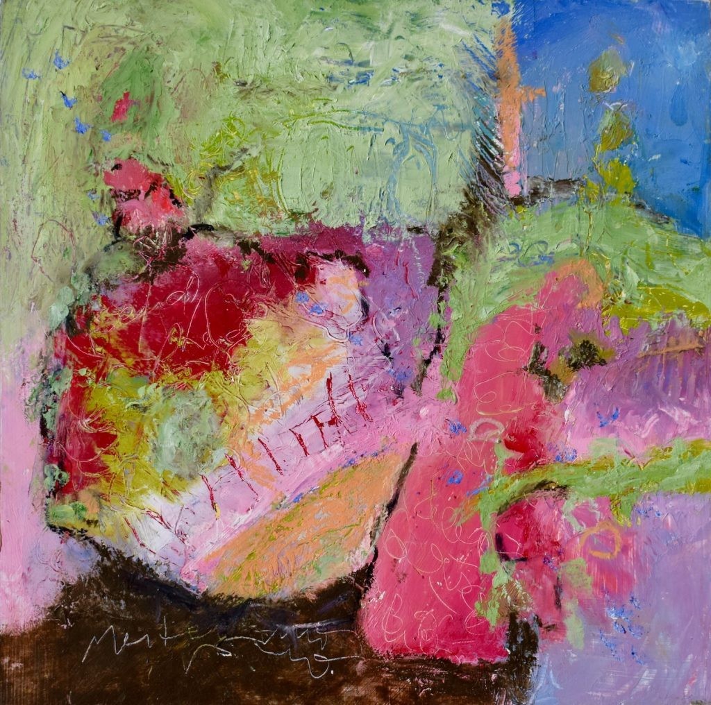 Metamorphosis 2, Oil color, cold wax and crayons on wood in a floating frame, 13″ × 13″ × 2″