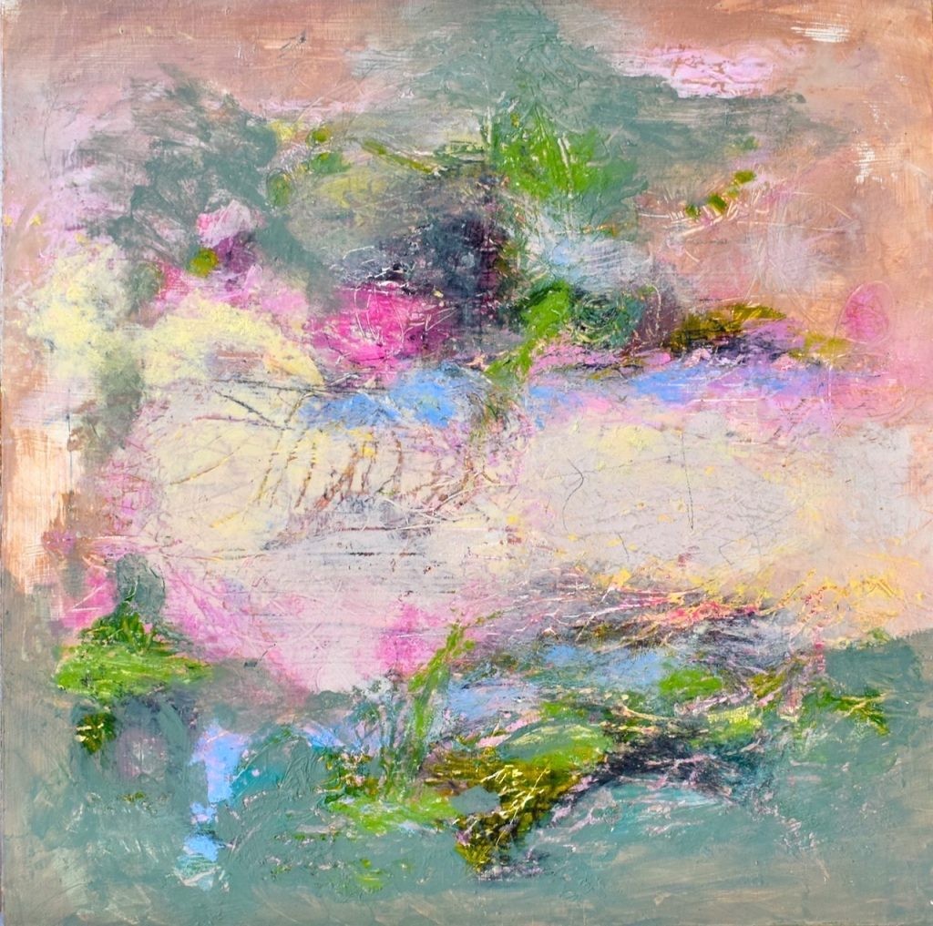 Shifting 1, Oil color and cold wax on wood, 13″ × 13″ × 2″