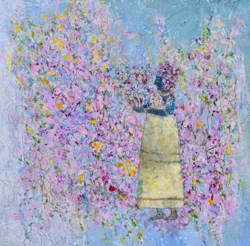 She in the Flowers, Oil color and cold wax on wood, 13″ × 13″ × 2″