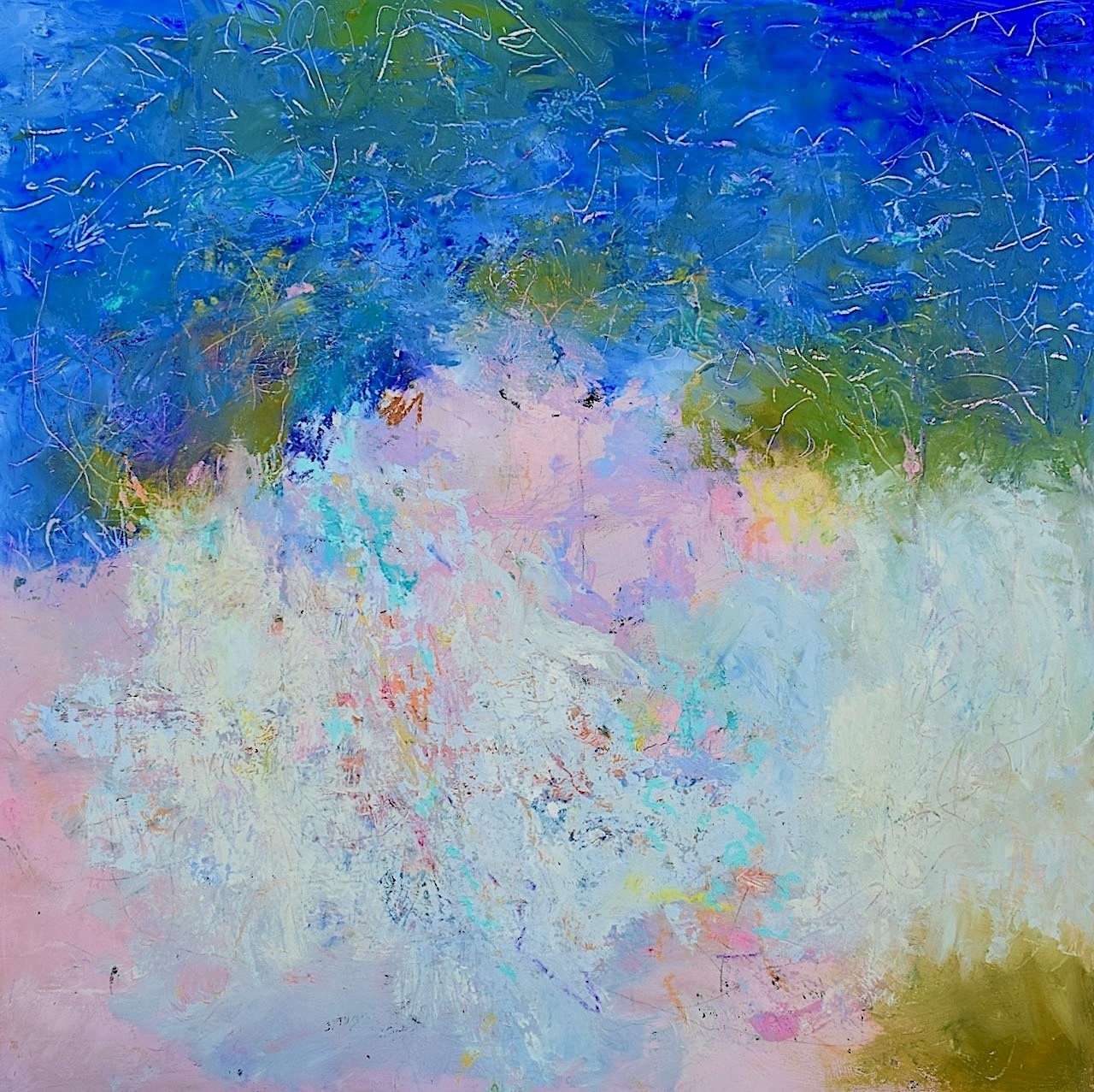 New Beginning, an abstract oil painting on wood with layered pastel color by Dorothea Ney