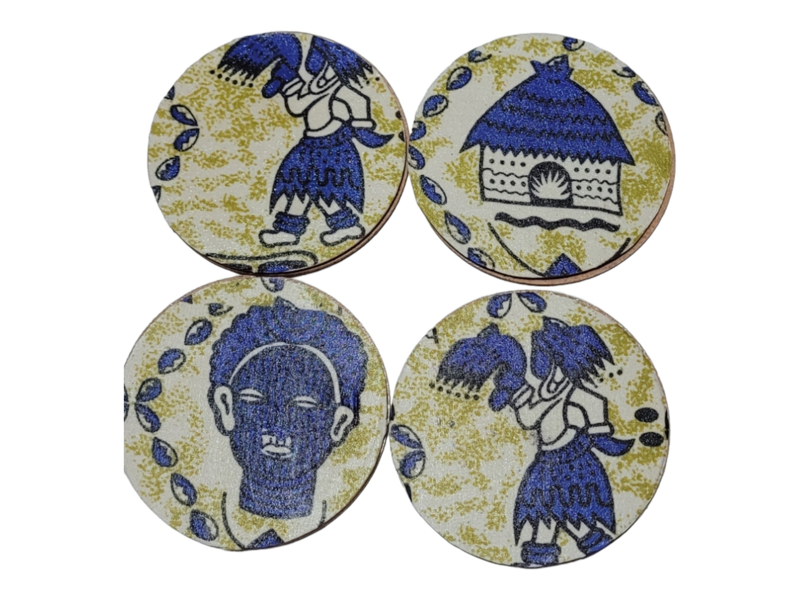 Afrocentric Fabric and Wood Coasters, Set Of four, Home Decor,Round African print coasters view 2