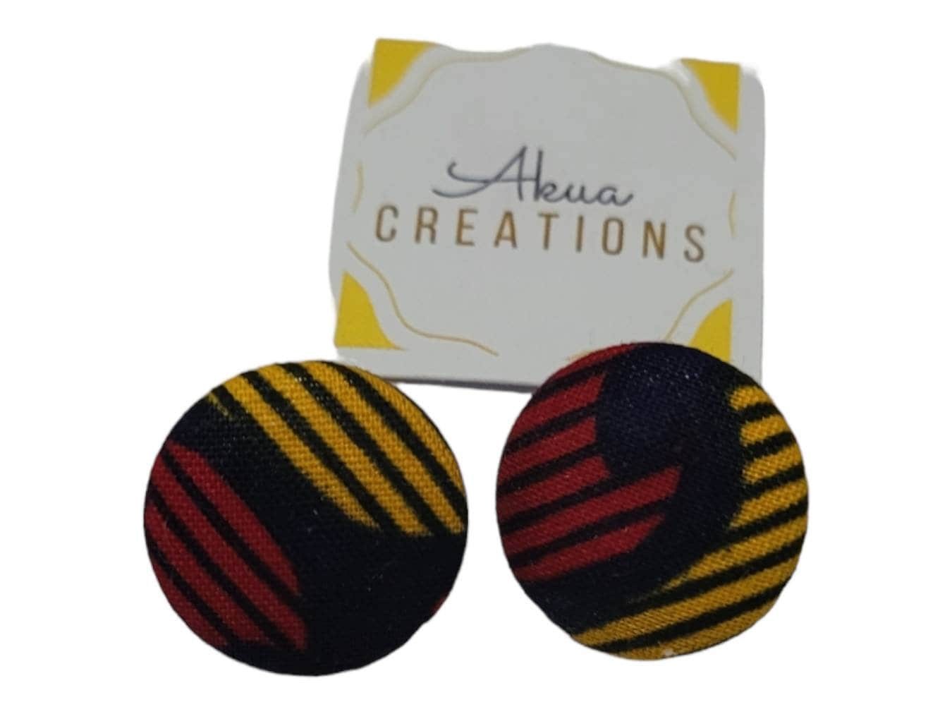 African Fabric covered button earrings made with hypoallergenic stainless Post view 2