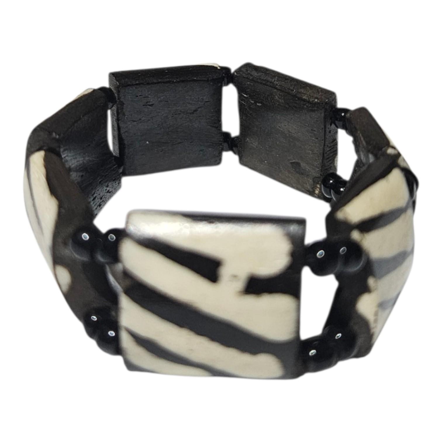 Black Cream Batik Tribal Bold Pattern African Mudcloth Design Stretch Bone Bracelet view 3