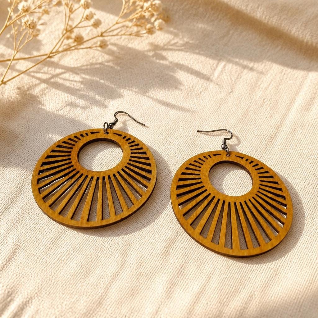 Wood Hoop Earrings, Lightweight Dangle Earrings view 2