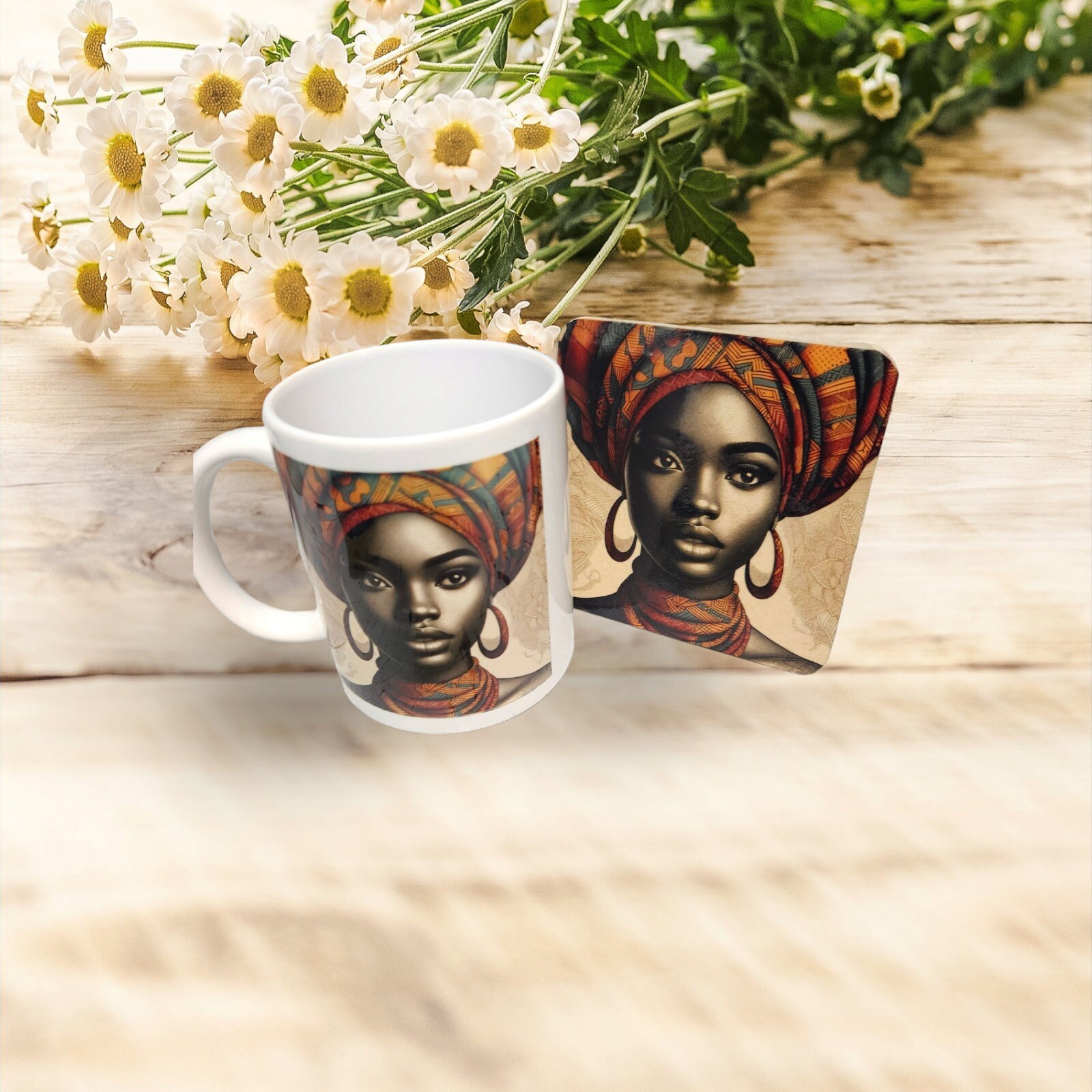 Sip in Style: 3D Afrocentric Elegance Mug - Elevate Your Coffee Experience!", Afro American Coffee Mug,Black Woman Free matching coaster view 2