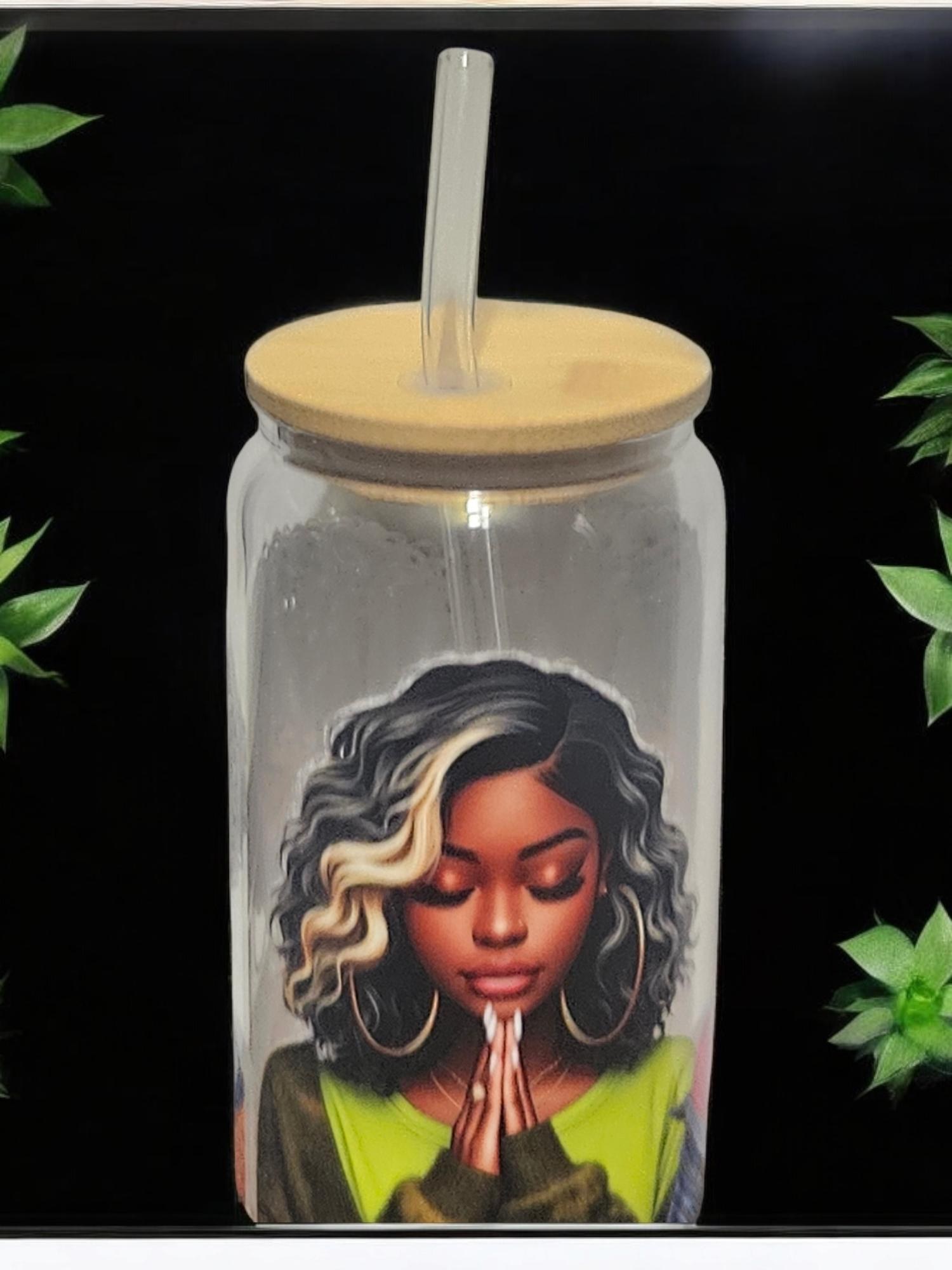 PRAYING WOMAN ,BeerCan,Glass,Ice Coffee Glass,Housewarming Gift, Afrocentric, Afro view 3