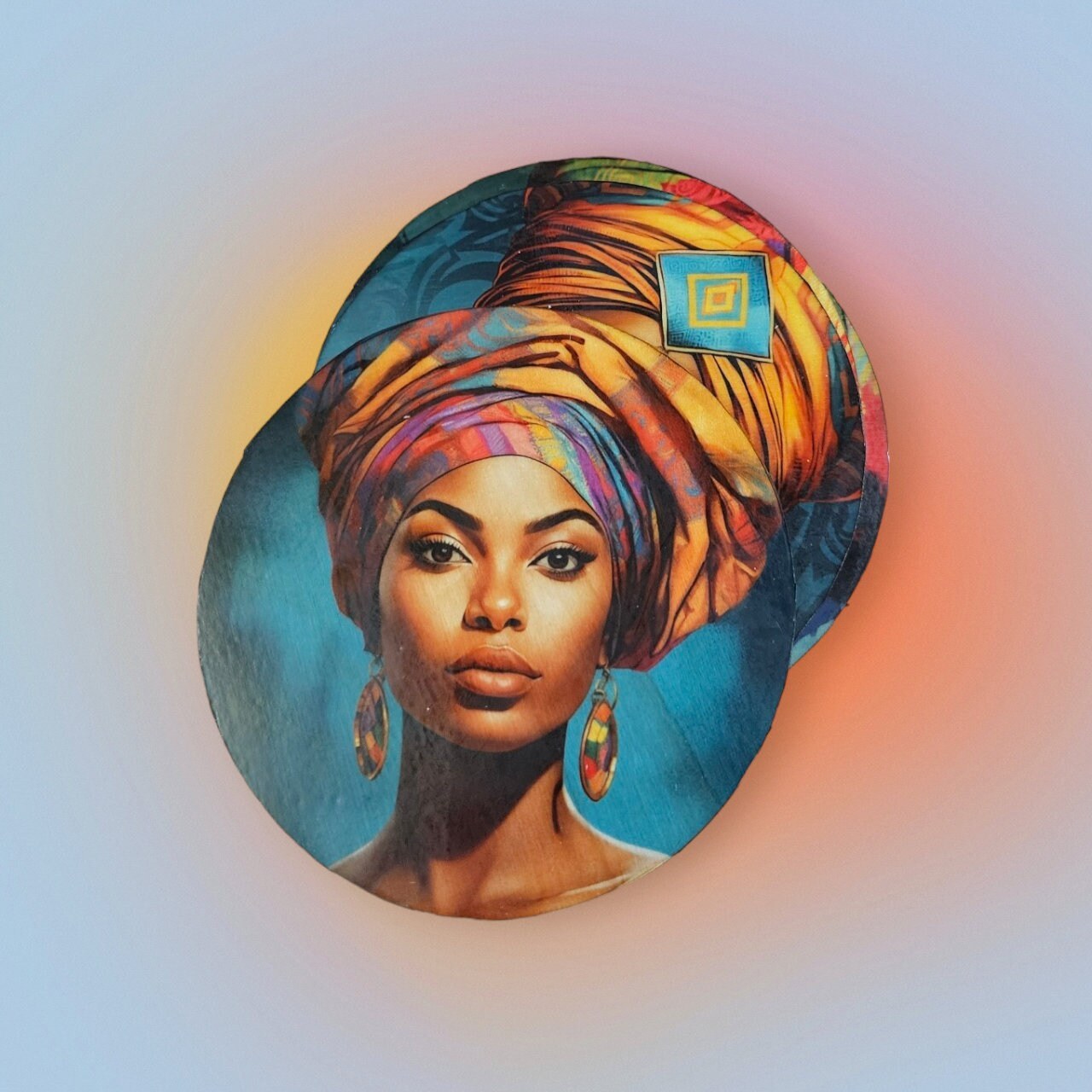 Afrocentric Wood Coasters, Set Of four, Home Decor,Round African print coasters view 3