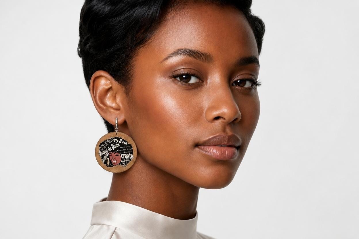 Afrocentric Wood Hoop Earrings, Dangle Design, Lightweight (3"x3")