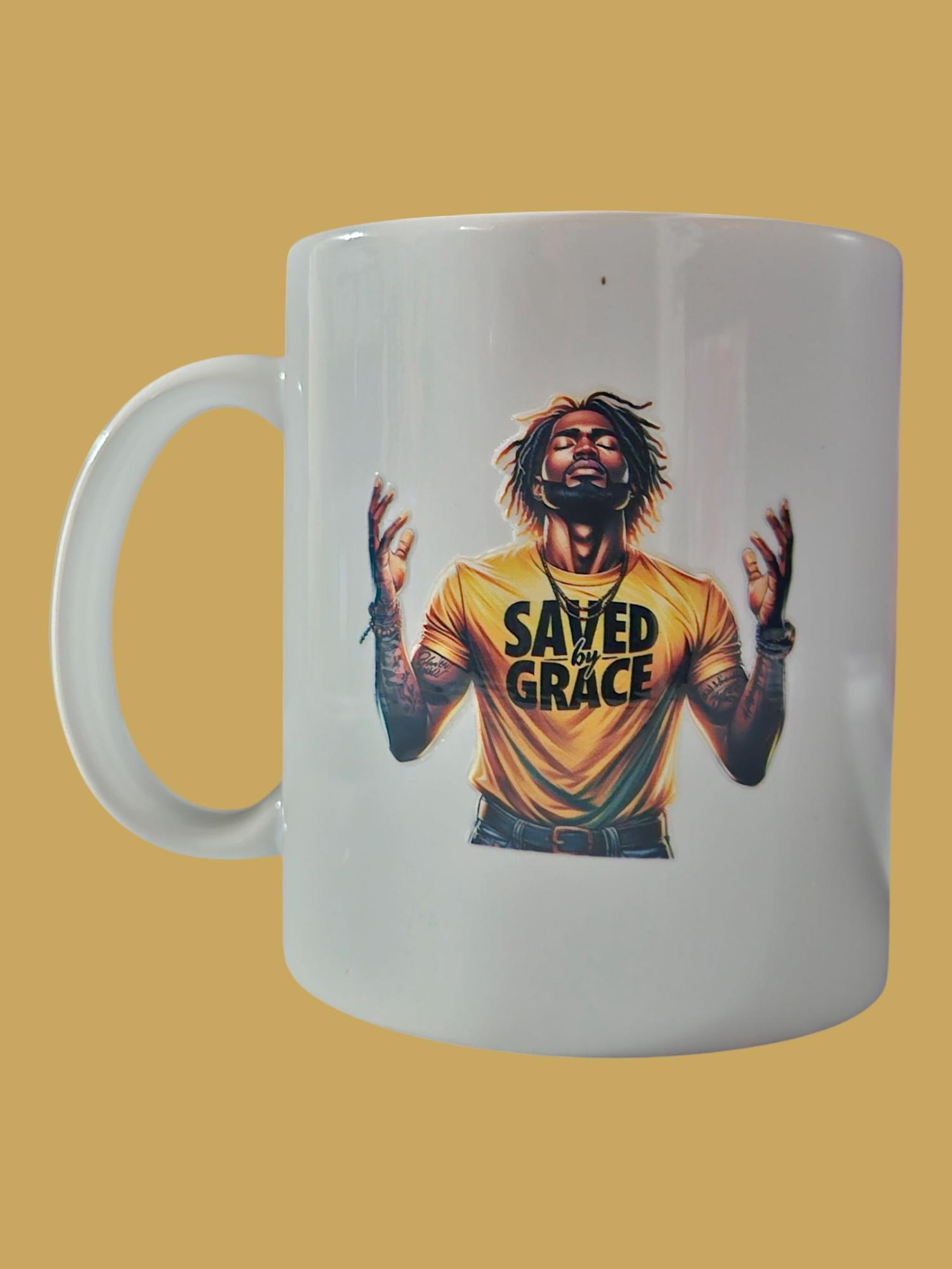 Save by Grace Coffee Mug. Afrocentric man praying-Celebrate Black Excellence! view 2