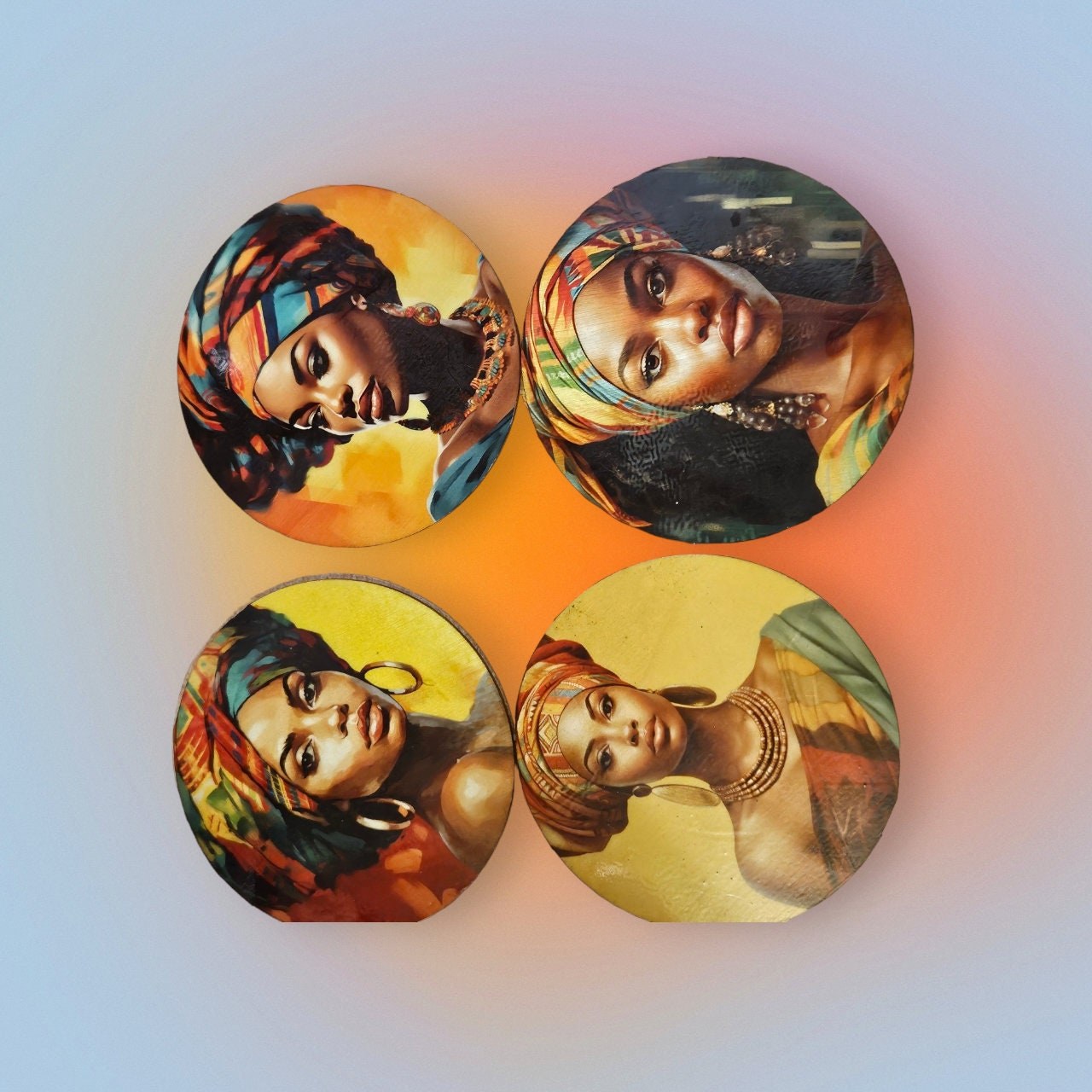 Afrocentric Wood Coasters, Set Of four, Home Decor,Round African print coasters view 3