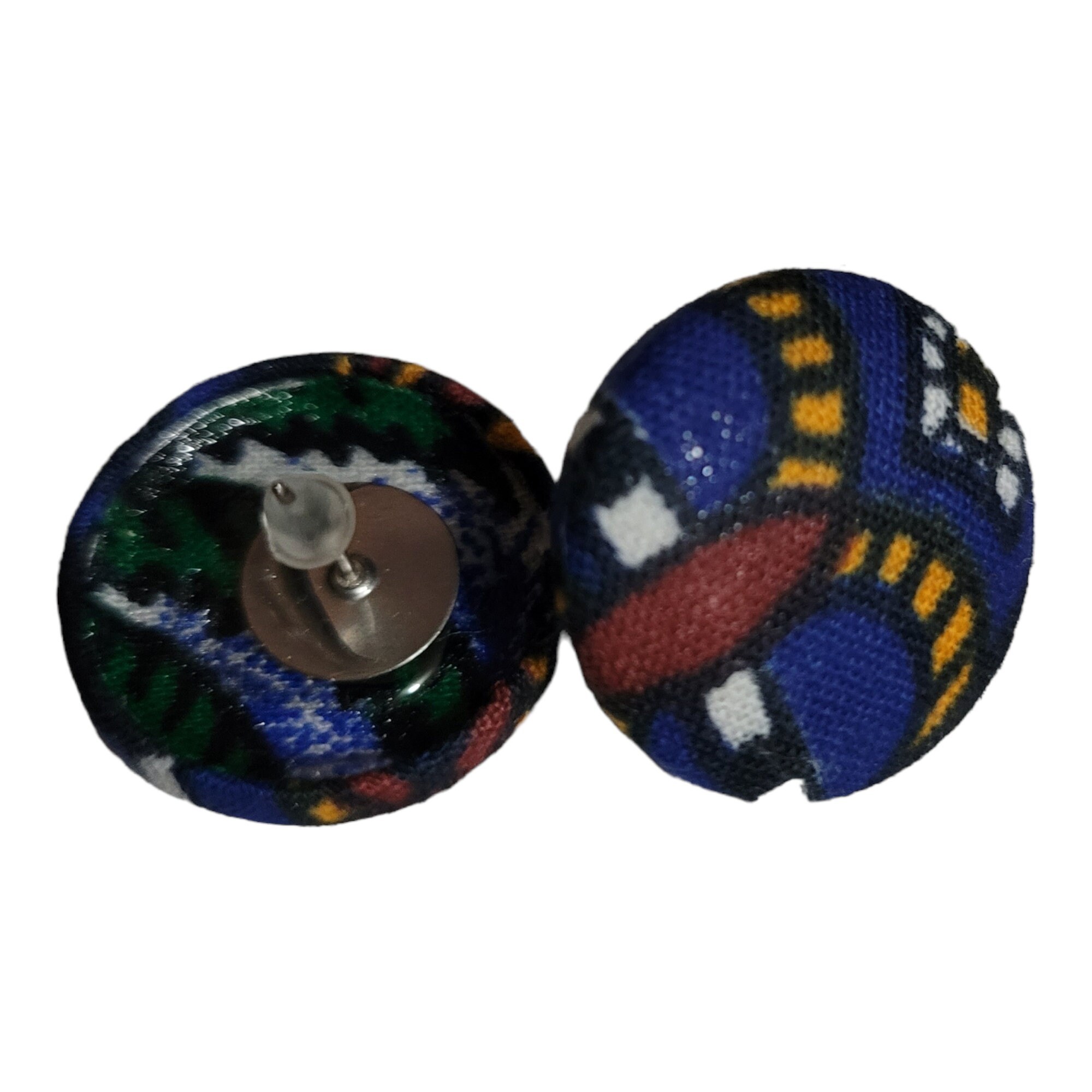 African Fabric covered button earrings made with hypoallergenic stainless Post view 3