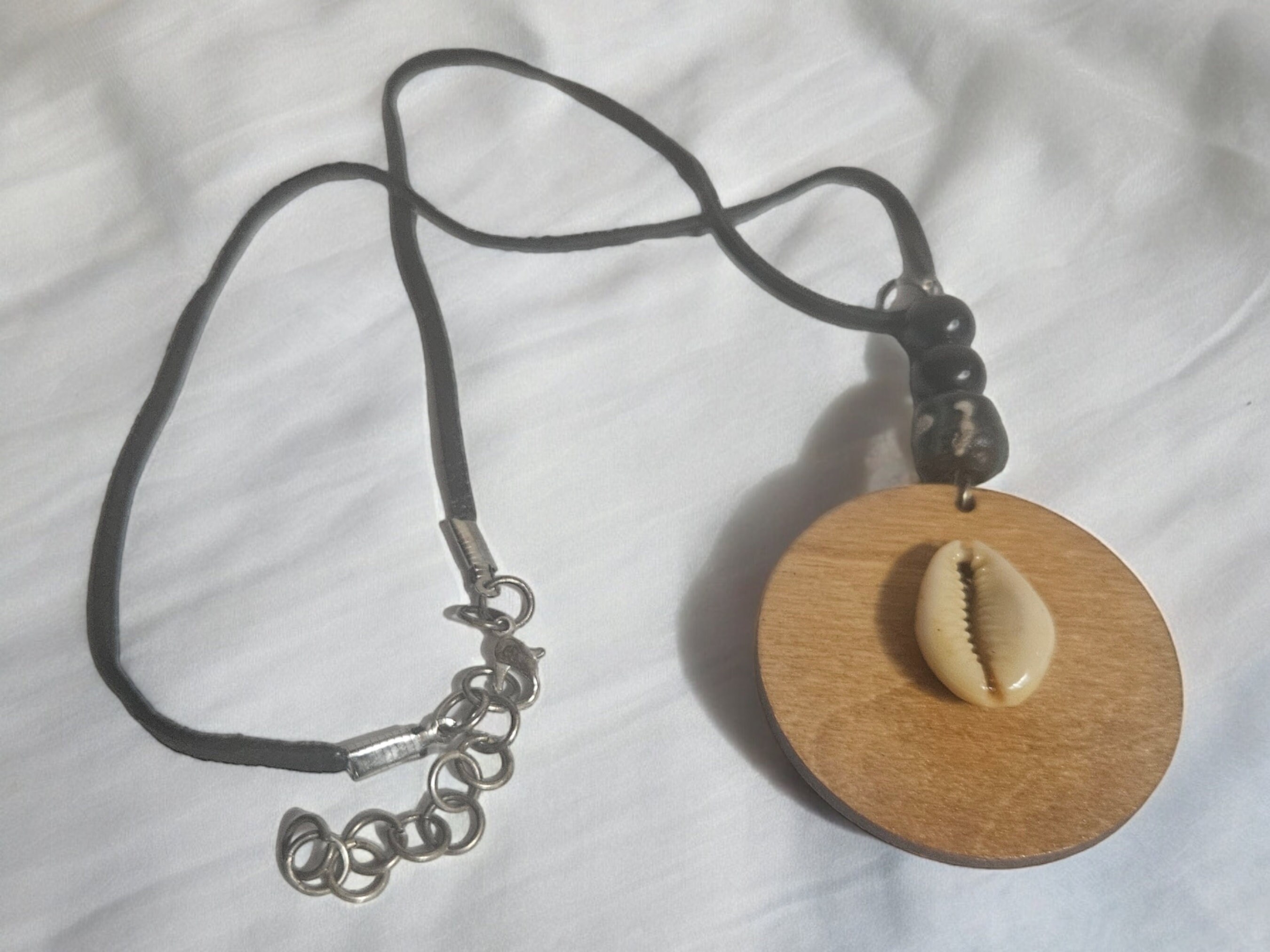 Handmade Round Wood Necklace with leather cord view 2