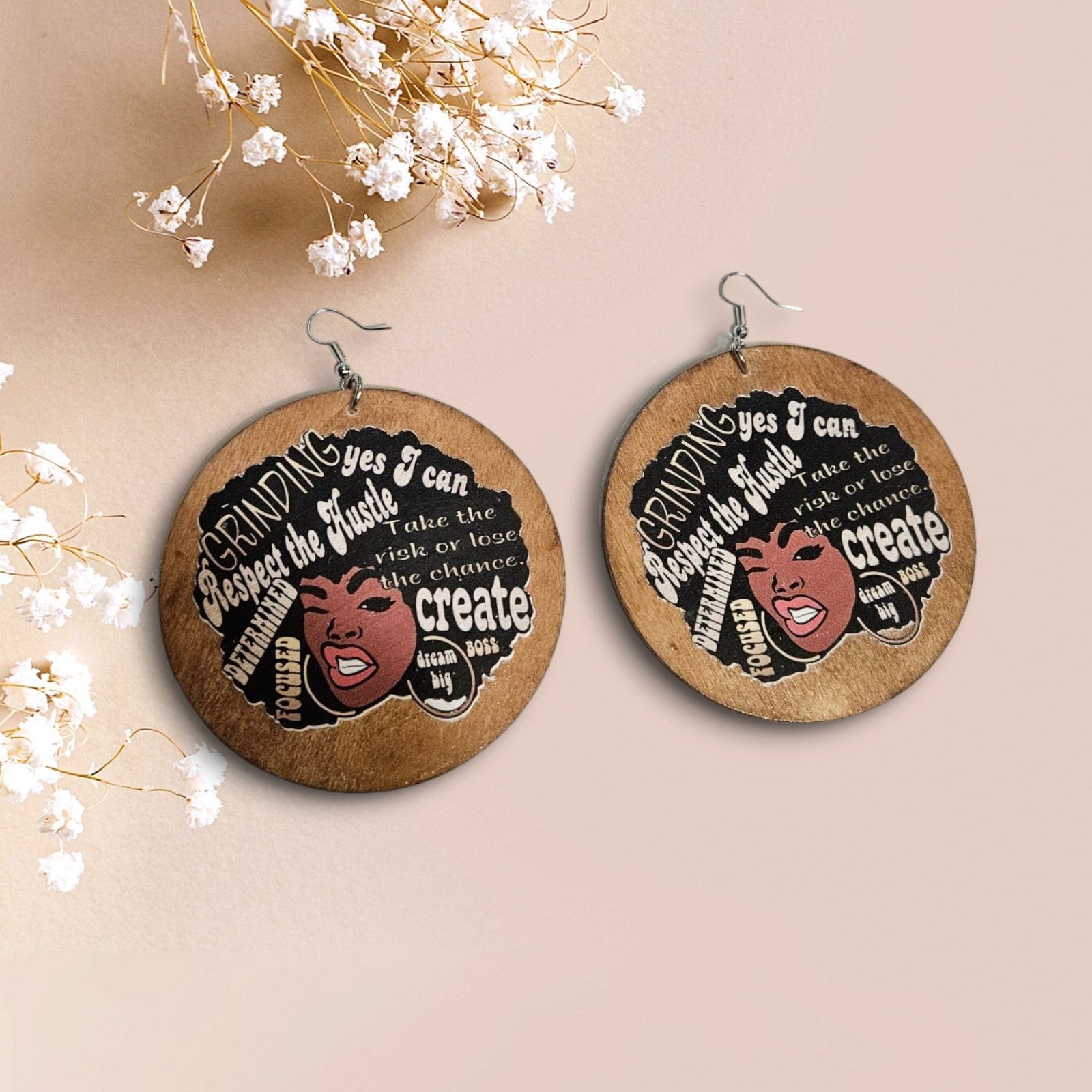 Afrocentric Wood Hoop Earrings, Dangle Design, Lightweight (3"x3") view 2