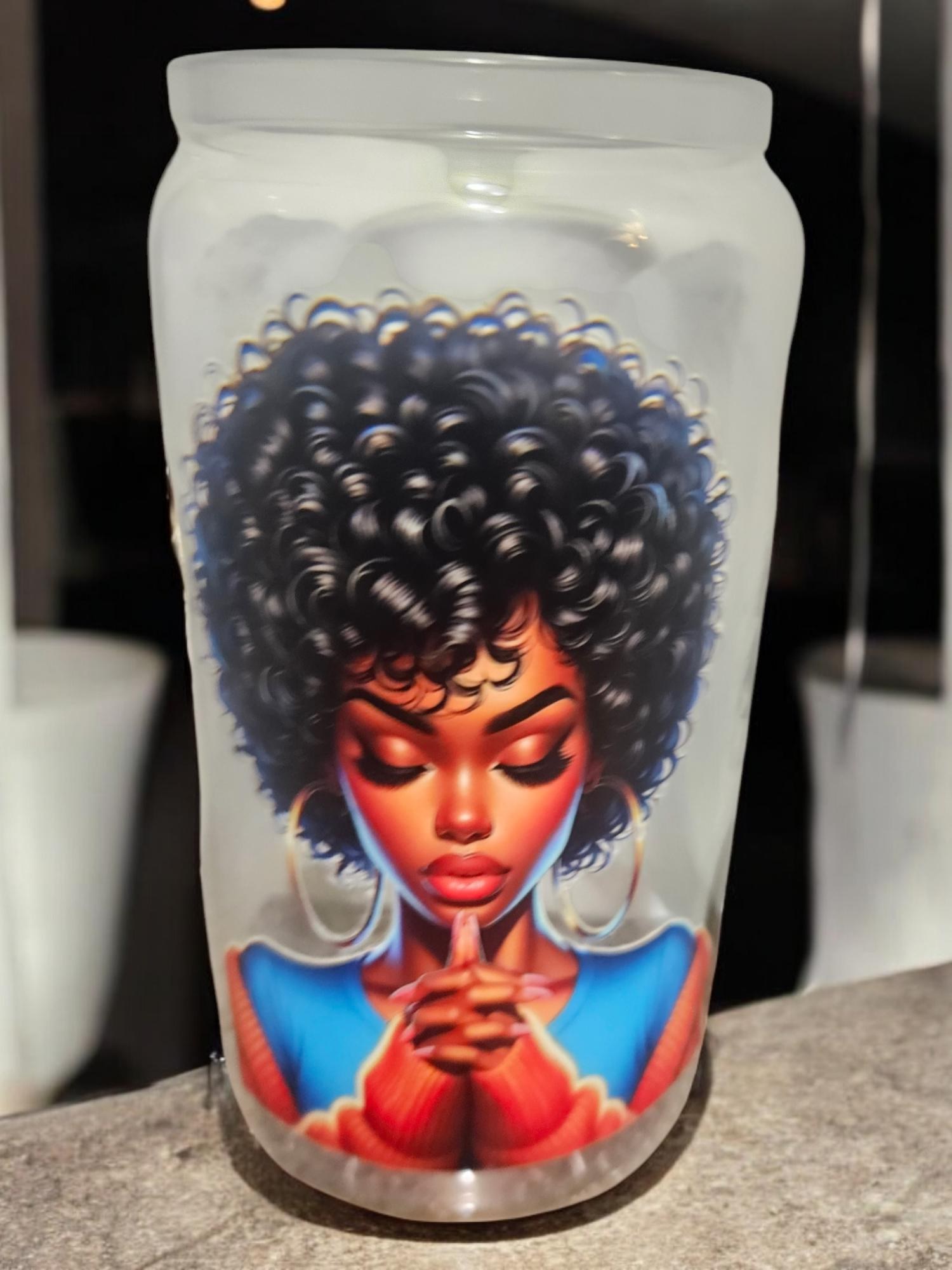 PRAYING WOMAN ,BeerCan,Glass,Ice Coffee Glass,Housewarming Gift, Afrocentric, Afro view 3