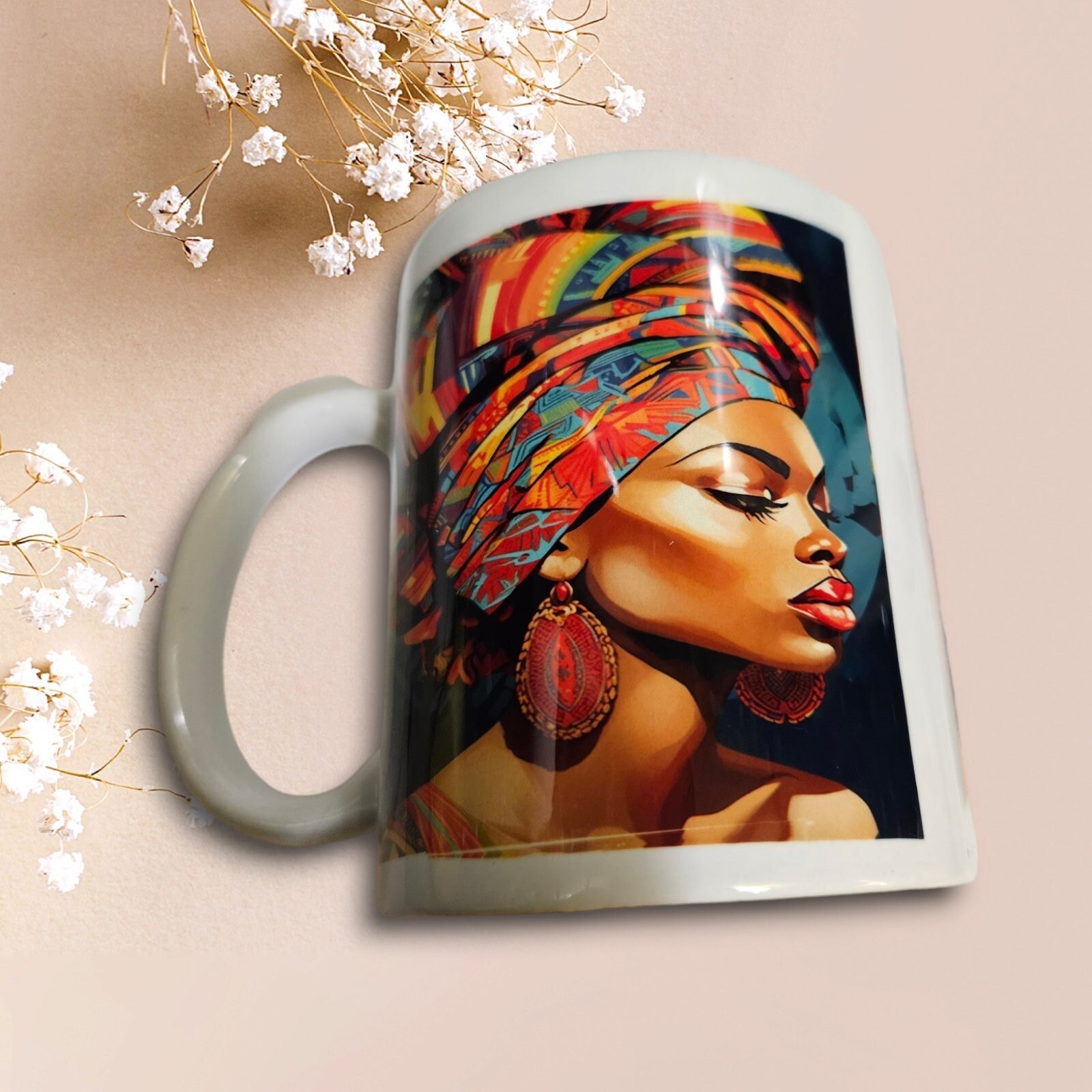 Sip in Style: 3D Afrocentric Elegance Mug - Elevate Your Coffee Experience!", Afro American Coffee Mug,Black Woman Free matching coaster view 3