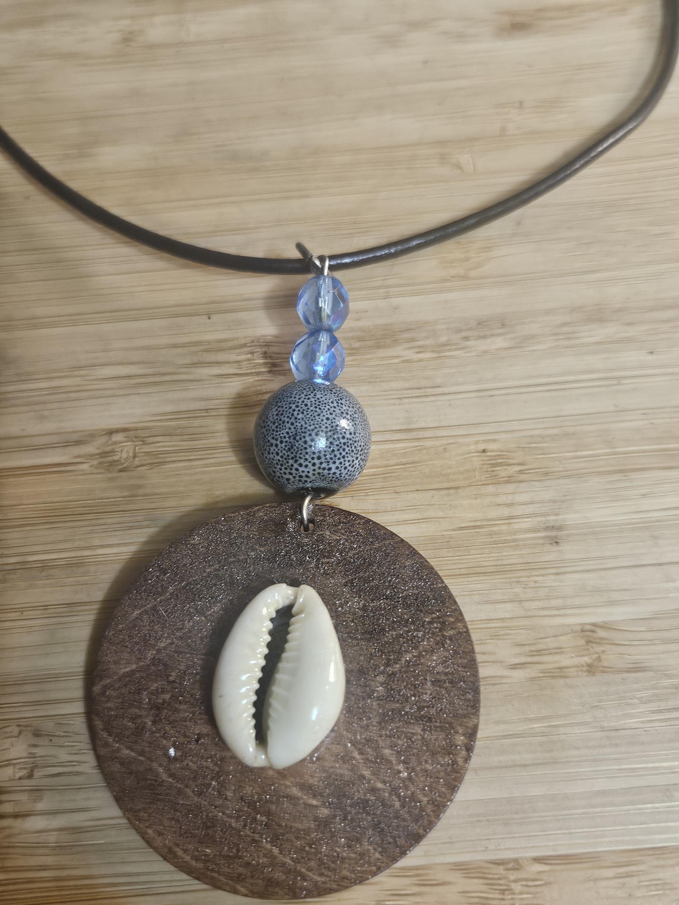 Handmade Round Wood Necklace with leather cord view 4