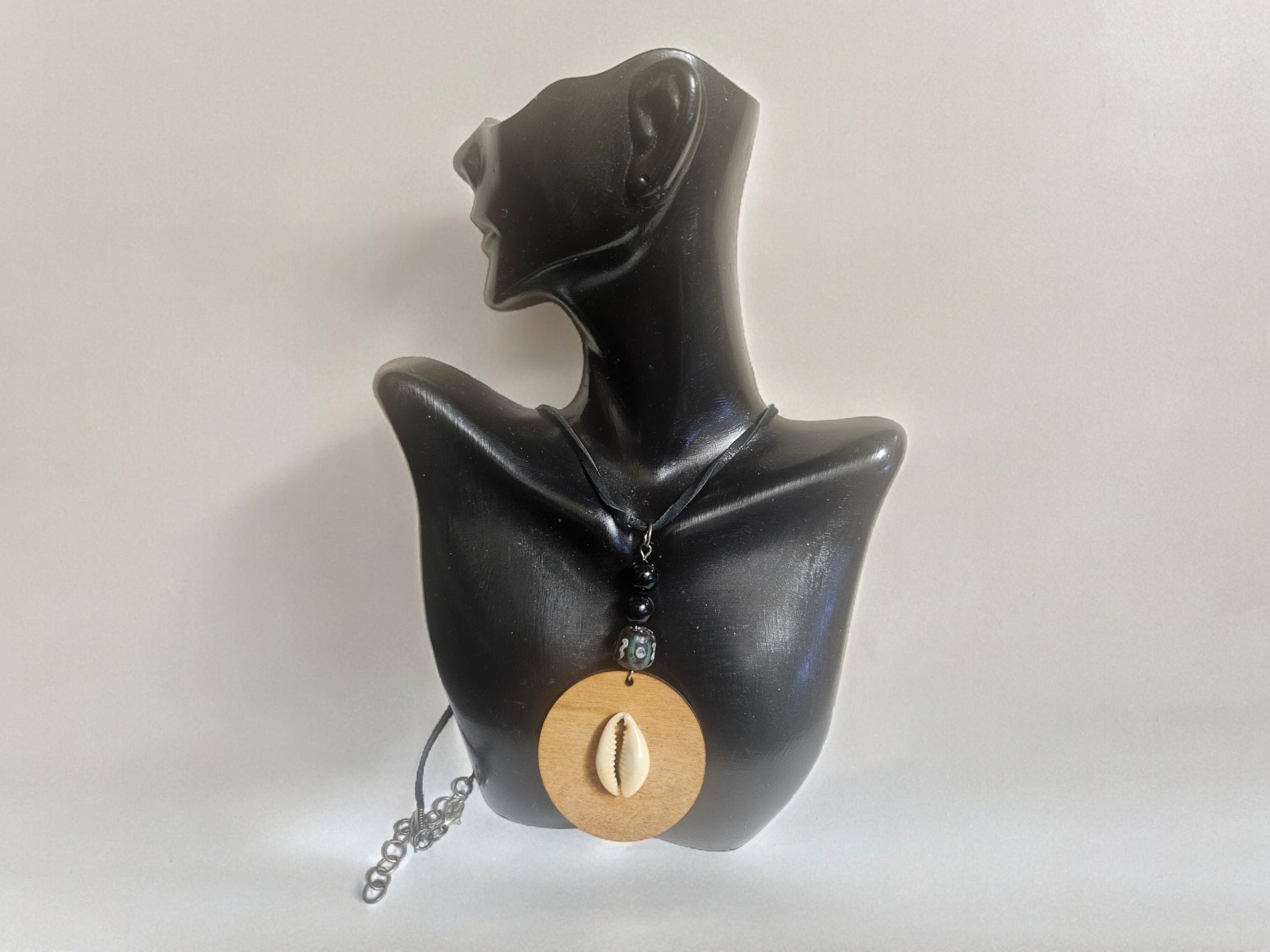 Handmade Round Wood Necklace with leather cord view 3