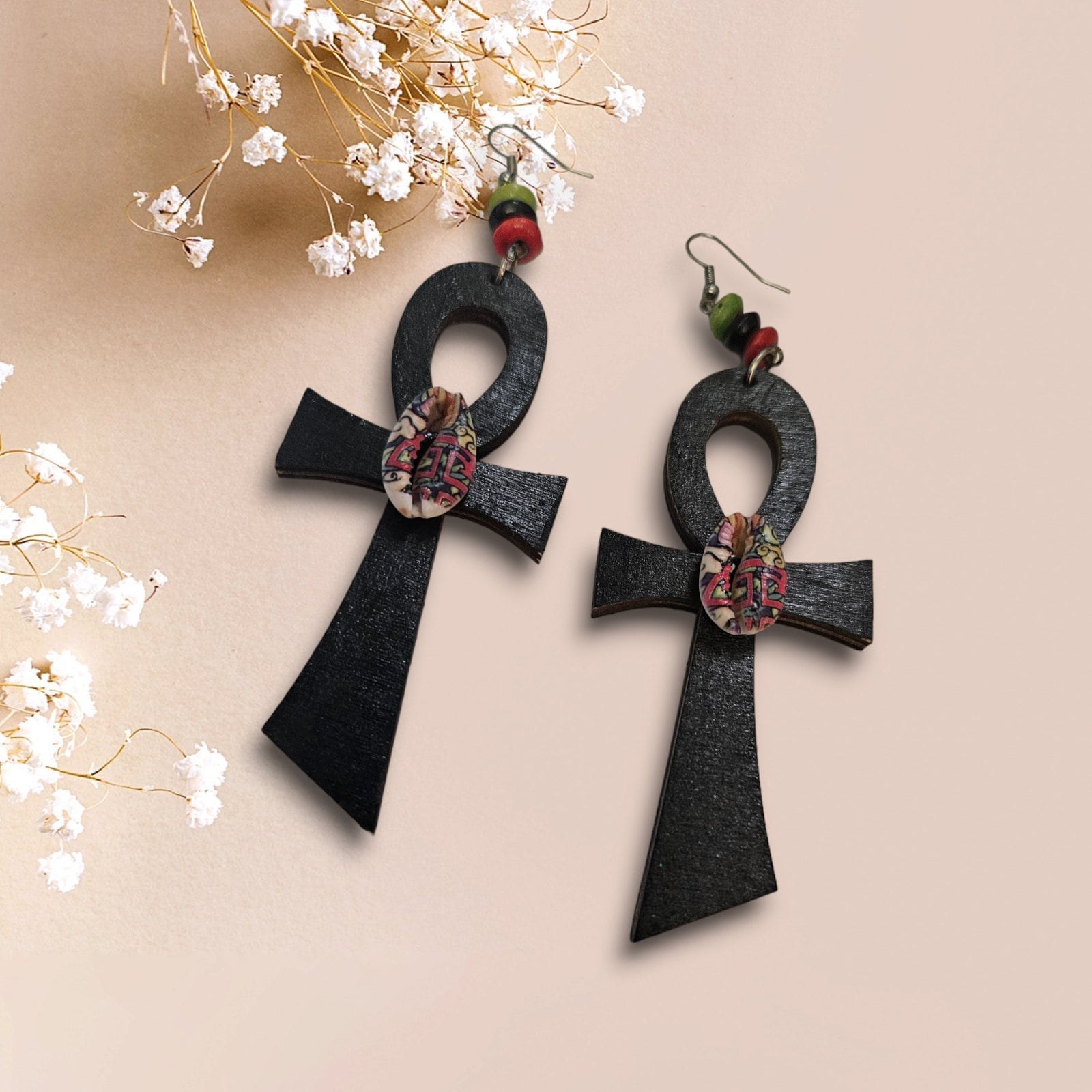 Handpainted Ankh Earrings,afrocentric,cowrie shell