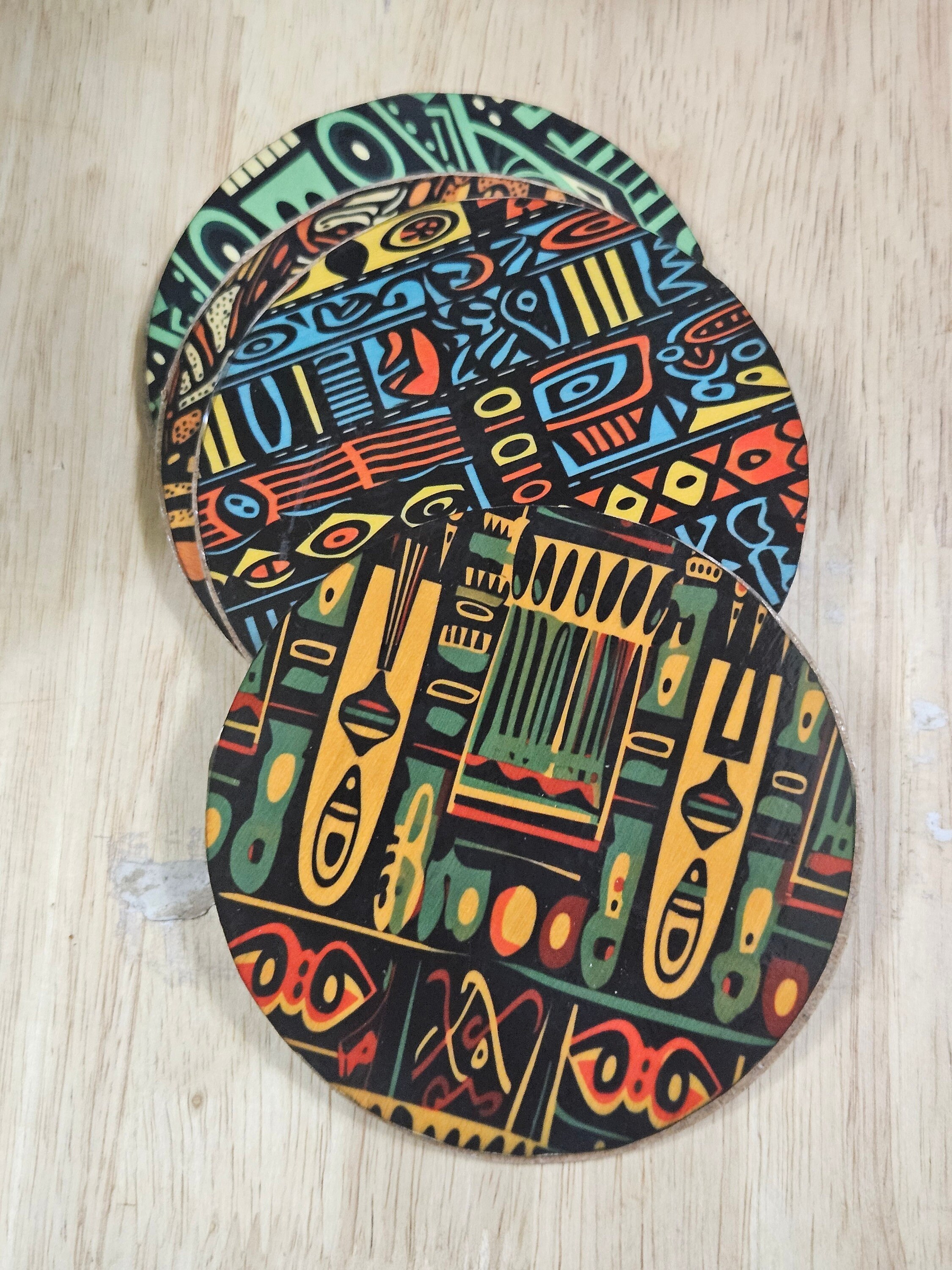Afrocentric Wood Coasters Set, African Print Ankara Coasters, Black Owned Home Decor, Housewarming Gift, Melanin Drink Coasters view 3