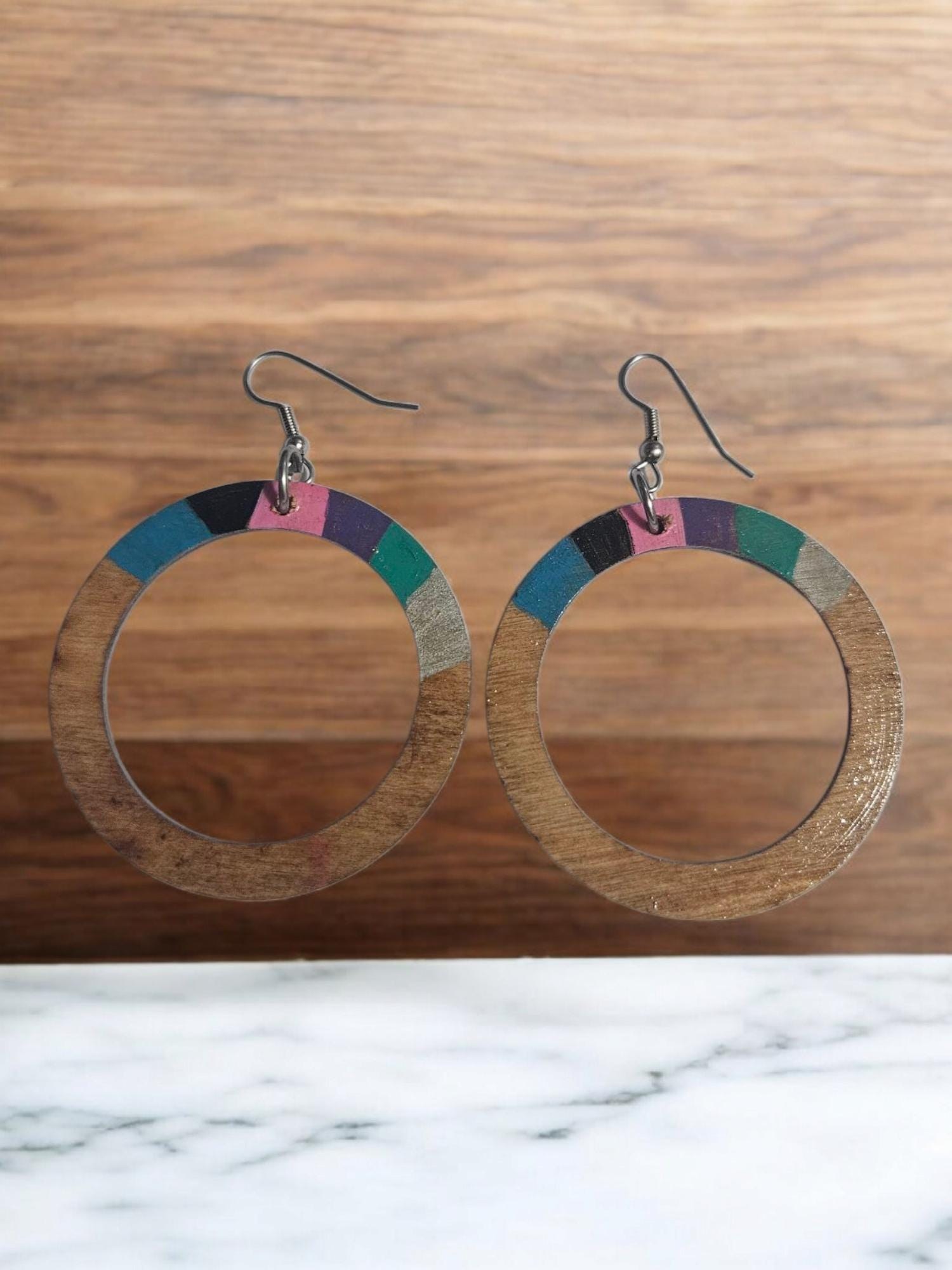 Handpainted Hoop Earrings, Ethnic Cowrie Shell Dangles view 2